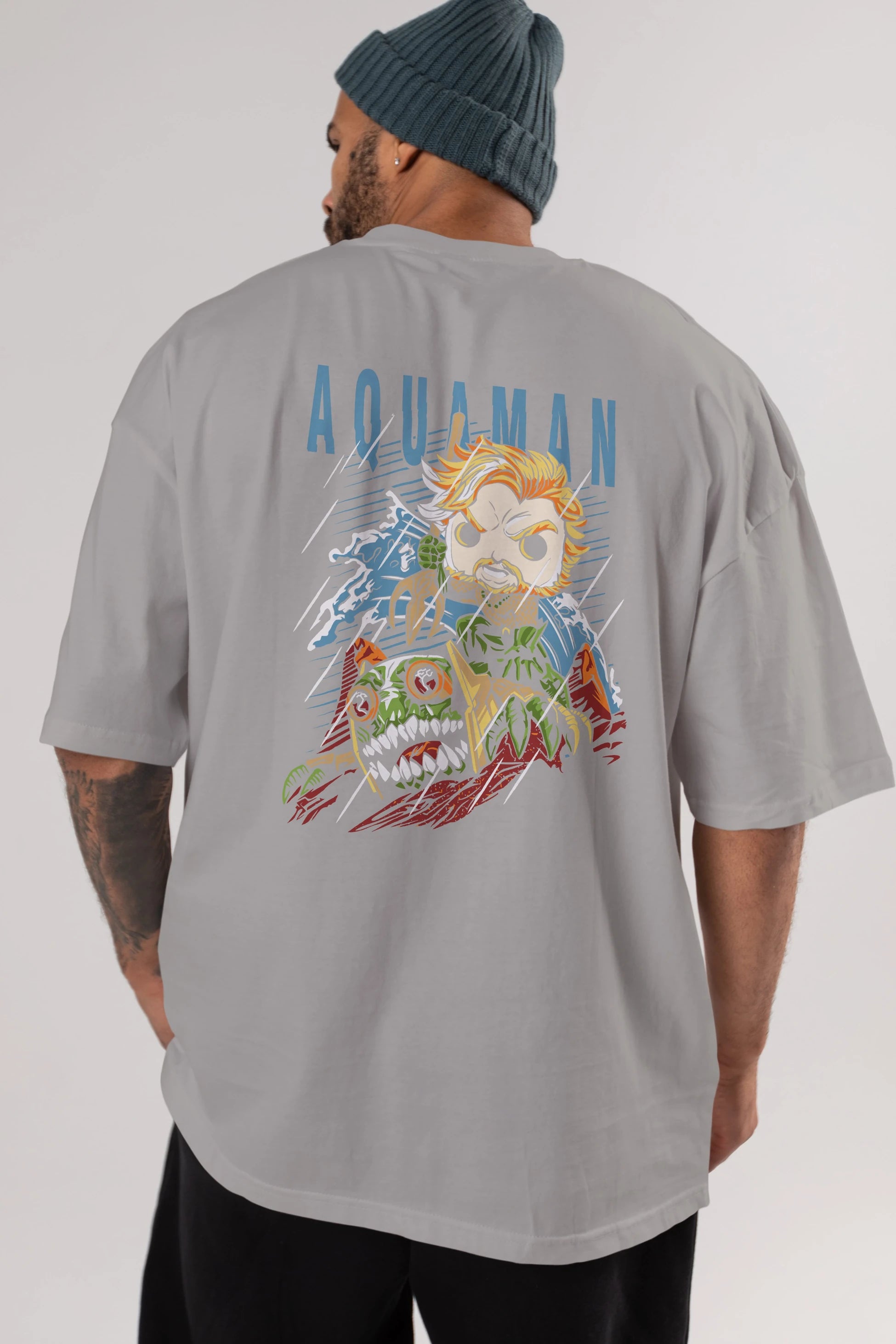 Aquaman Arka Baskılı Oversize t-shirt Erkek Kadın Unisex %100 Pamuk Bisiklet Yaka tişort