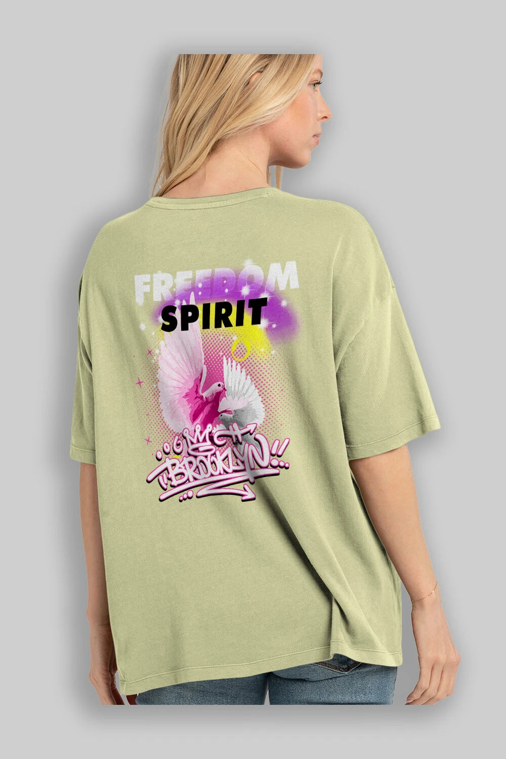 Freedom Spirit Brooklyn Arka Baskılı Oversize t-shirt Erkek Kadın Unisex