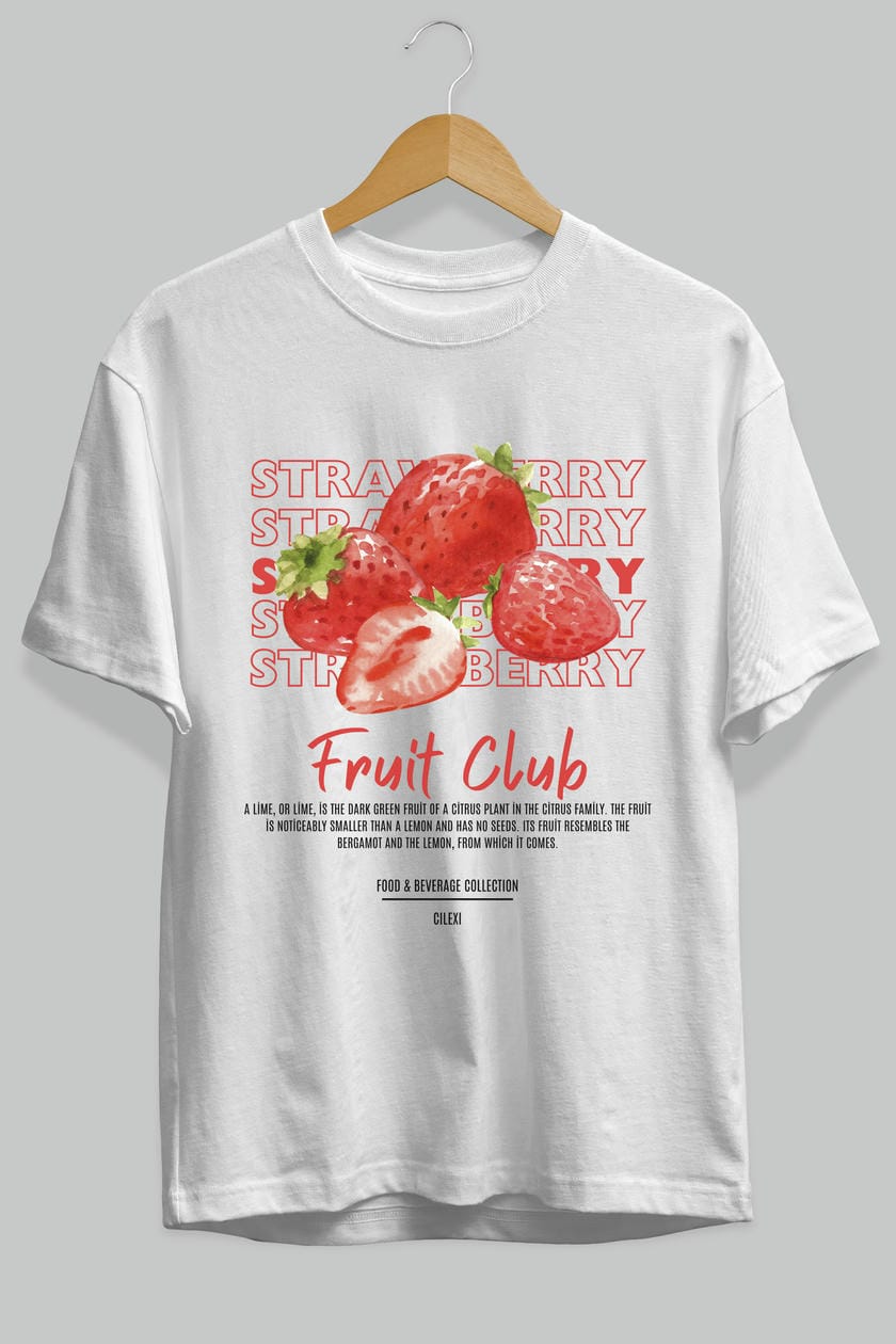 Strawberry Ön Baskılı Oversize t-shirt Erkek Kadın Pamuk Bisiklet Yaka tişort