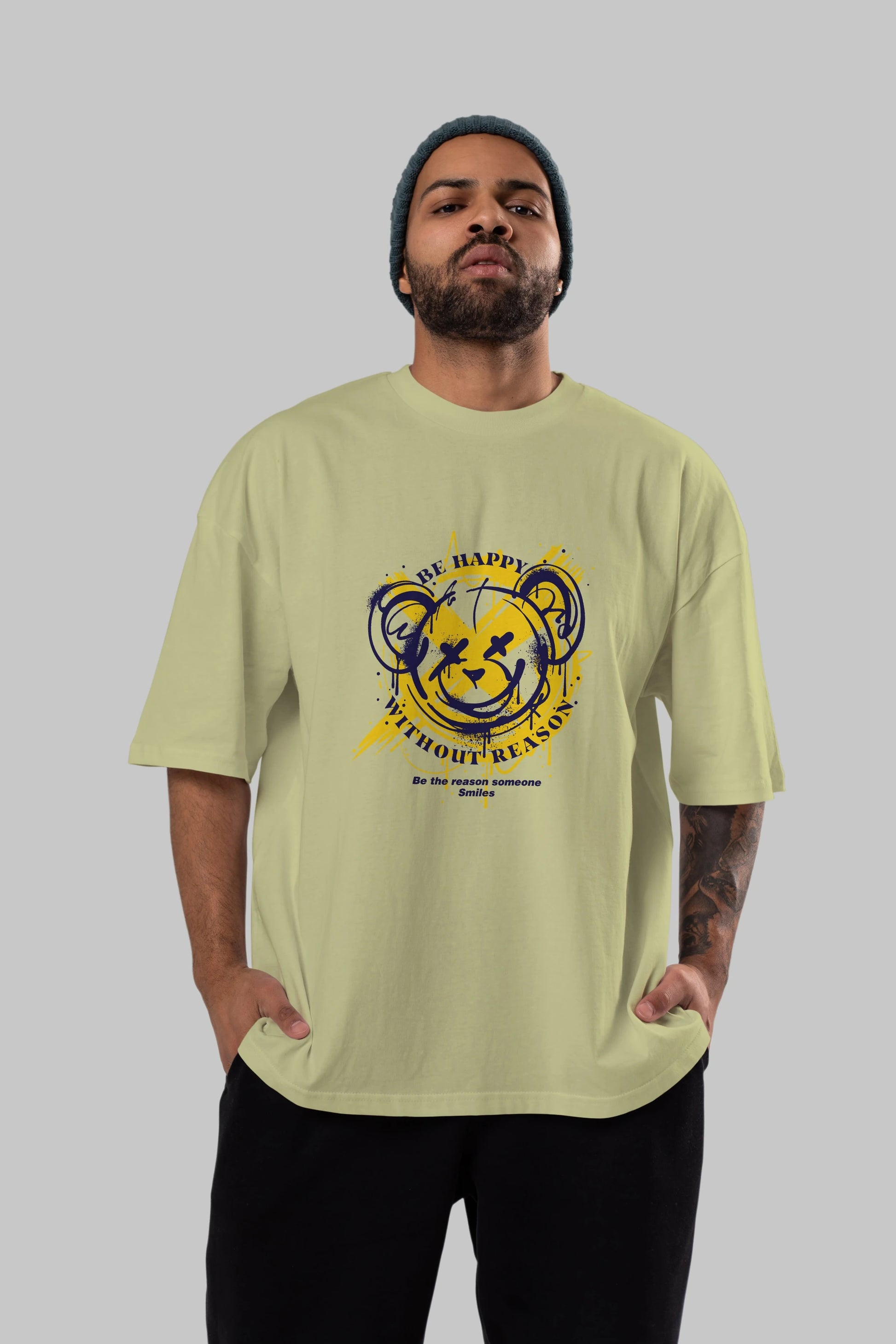 Be Happy Bear 2 Ön Baskılı Oversize t-shirt Erkek Kadın Unisex