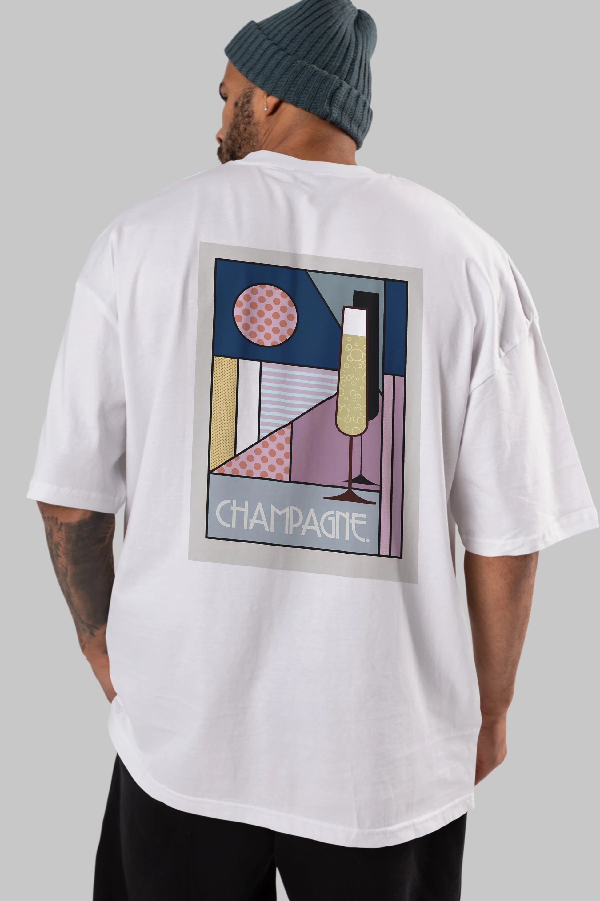 Champagne Arka Baskılı Oversize t-shirt Erkek Kadın Unisex %100 Pamuk Bisiklet Yaka tişort