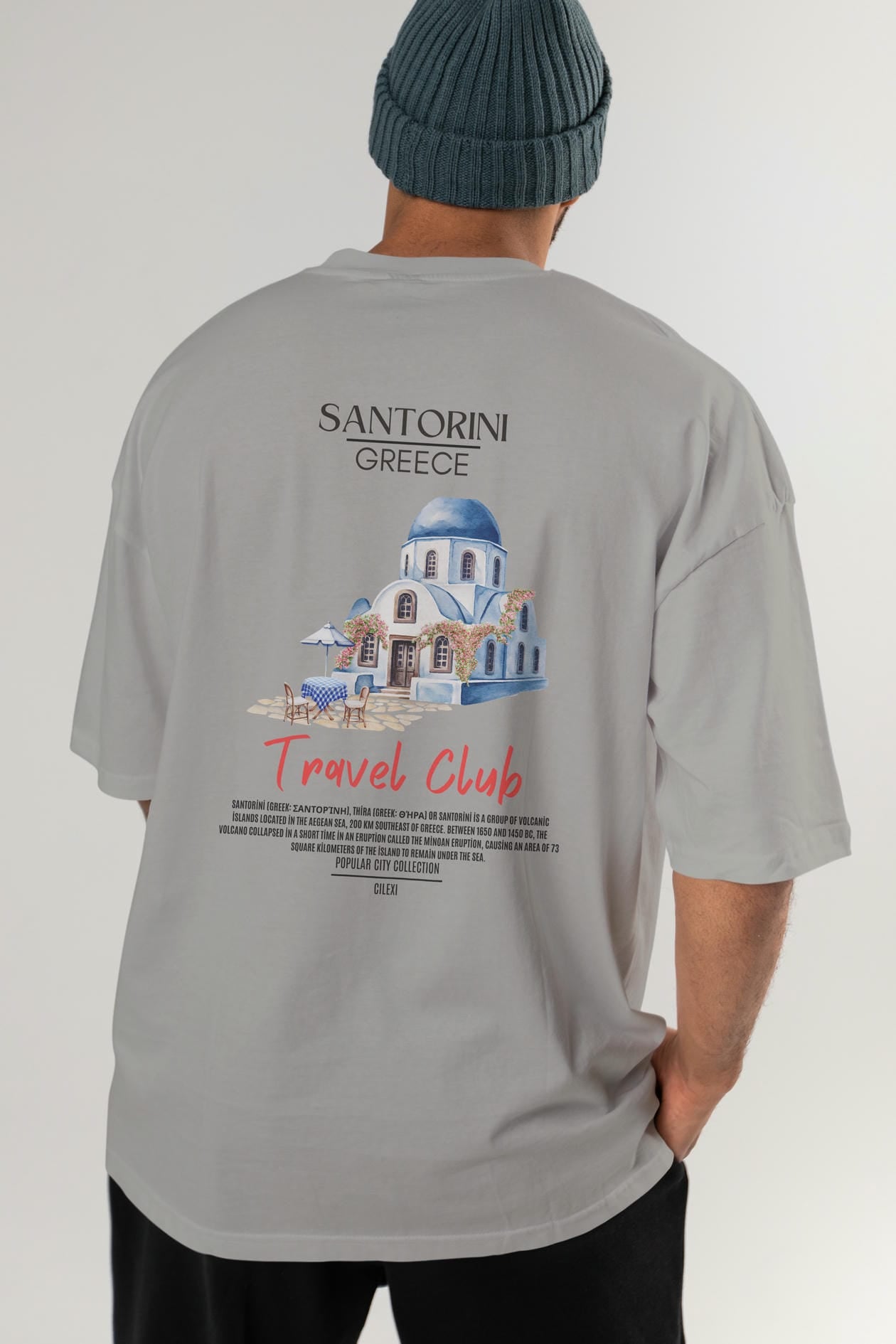 Santorini Greece Arka Baskılı Oversize t-shirt Erkek Kadın Pamuk Bisiklet Yaka tişort