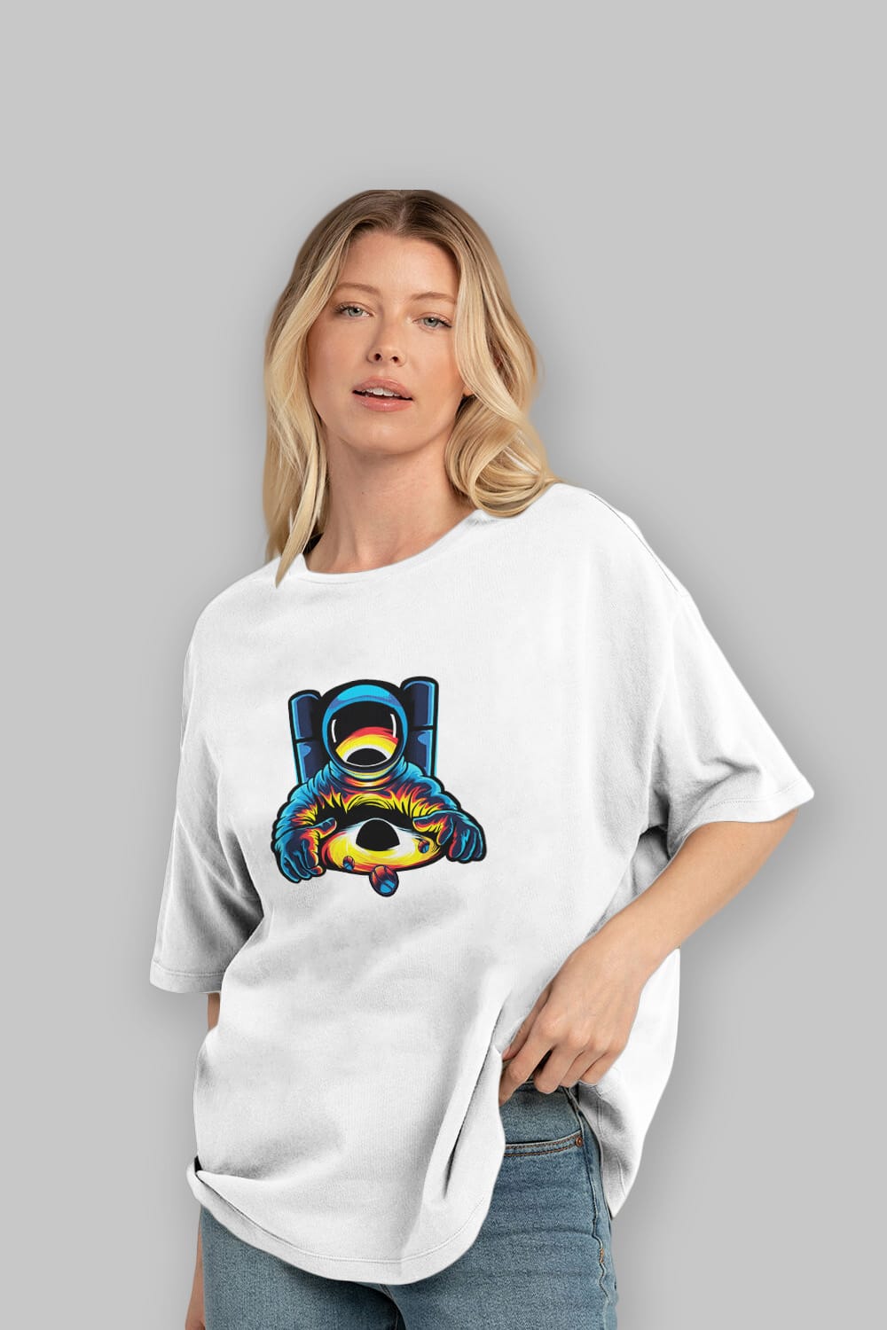 Astronaut & Black Hole Sticker Ön Baskılı Oversize t-shirt Erkek Kadın Unisex