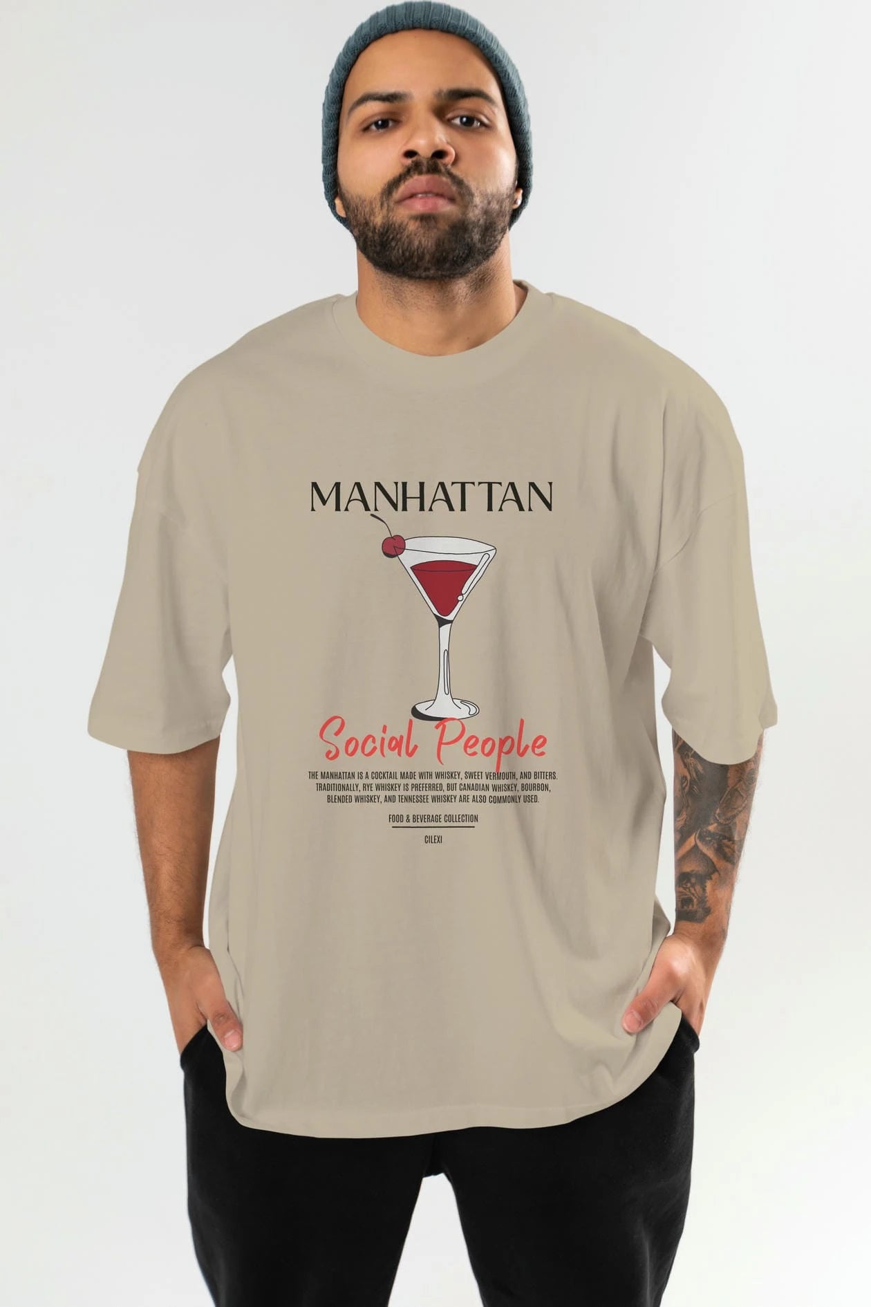 Manhattan Kokteyl Serisi ön Baskılı Oversize t-shirt Erkek Kadın %100 Pamuk Bisiklet Yaka tişort