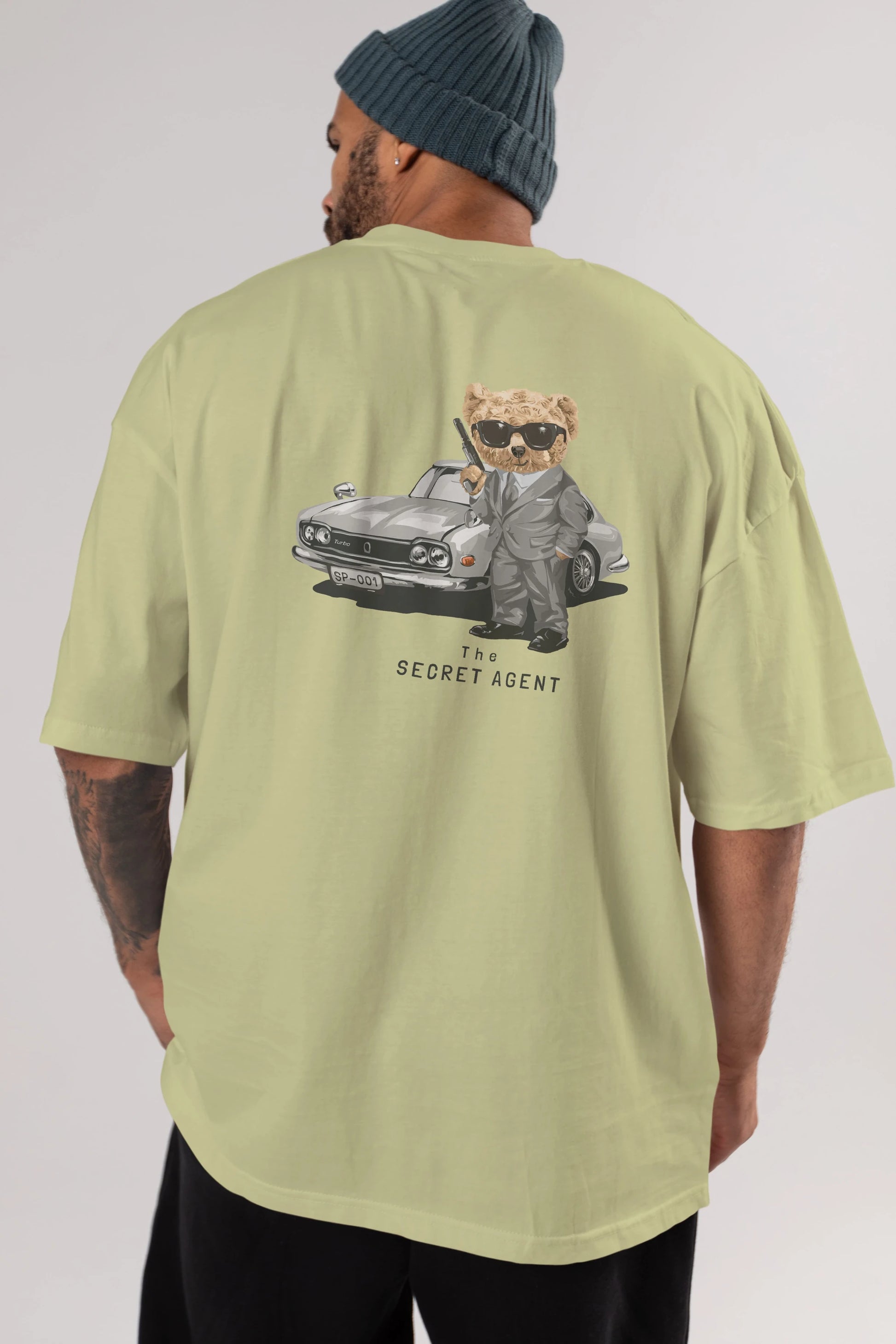 Teddy Bear The Secret Agent Arka Baskılı Oversize t-shirt Erkek Kadın Unisex %100 Pamuk