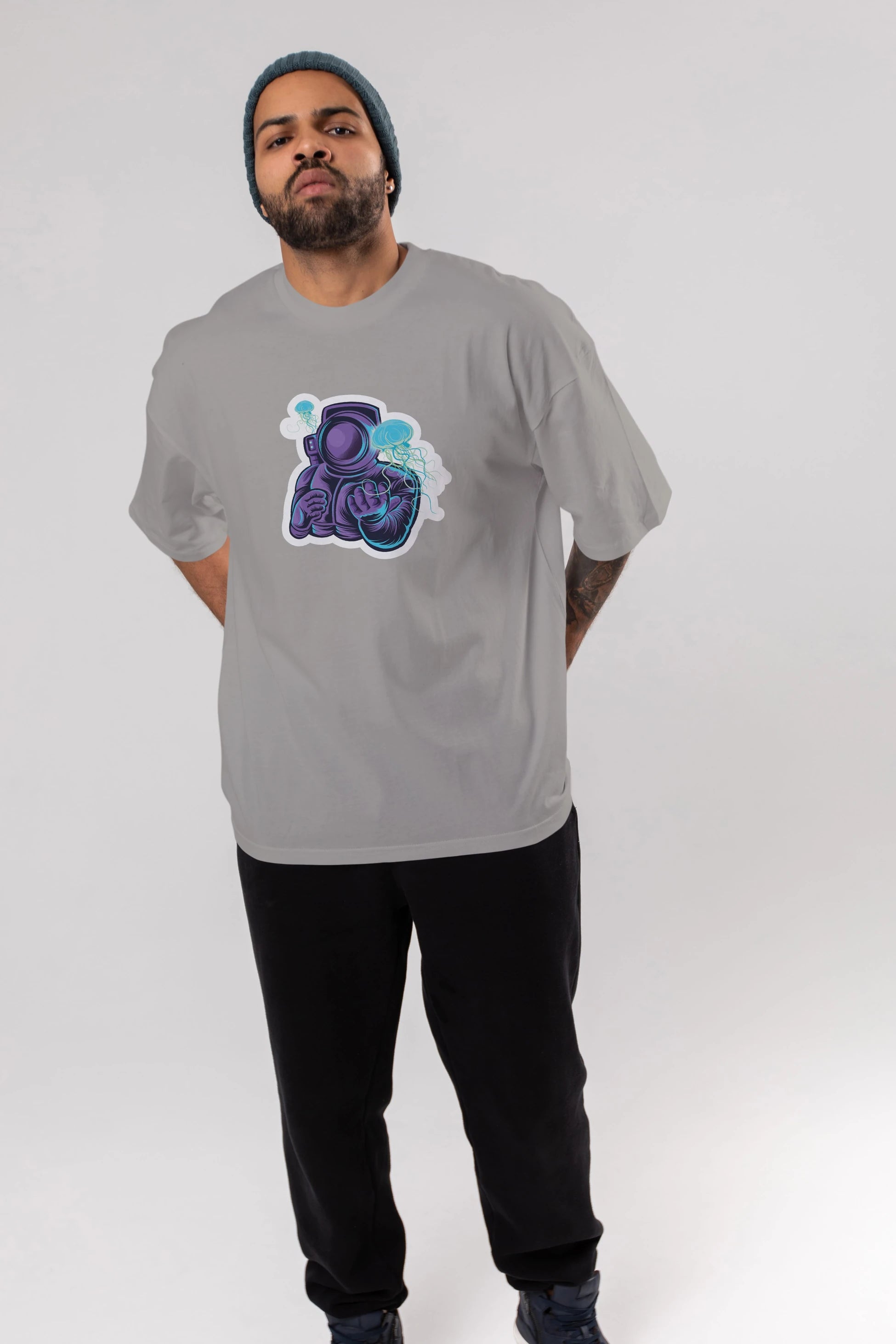 Astronaut and Jellyfish Sticker Ön Baskılı Oversize t-shirt Erkek Kadın Unisex