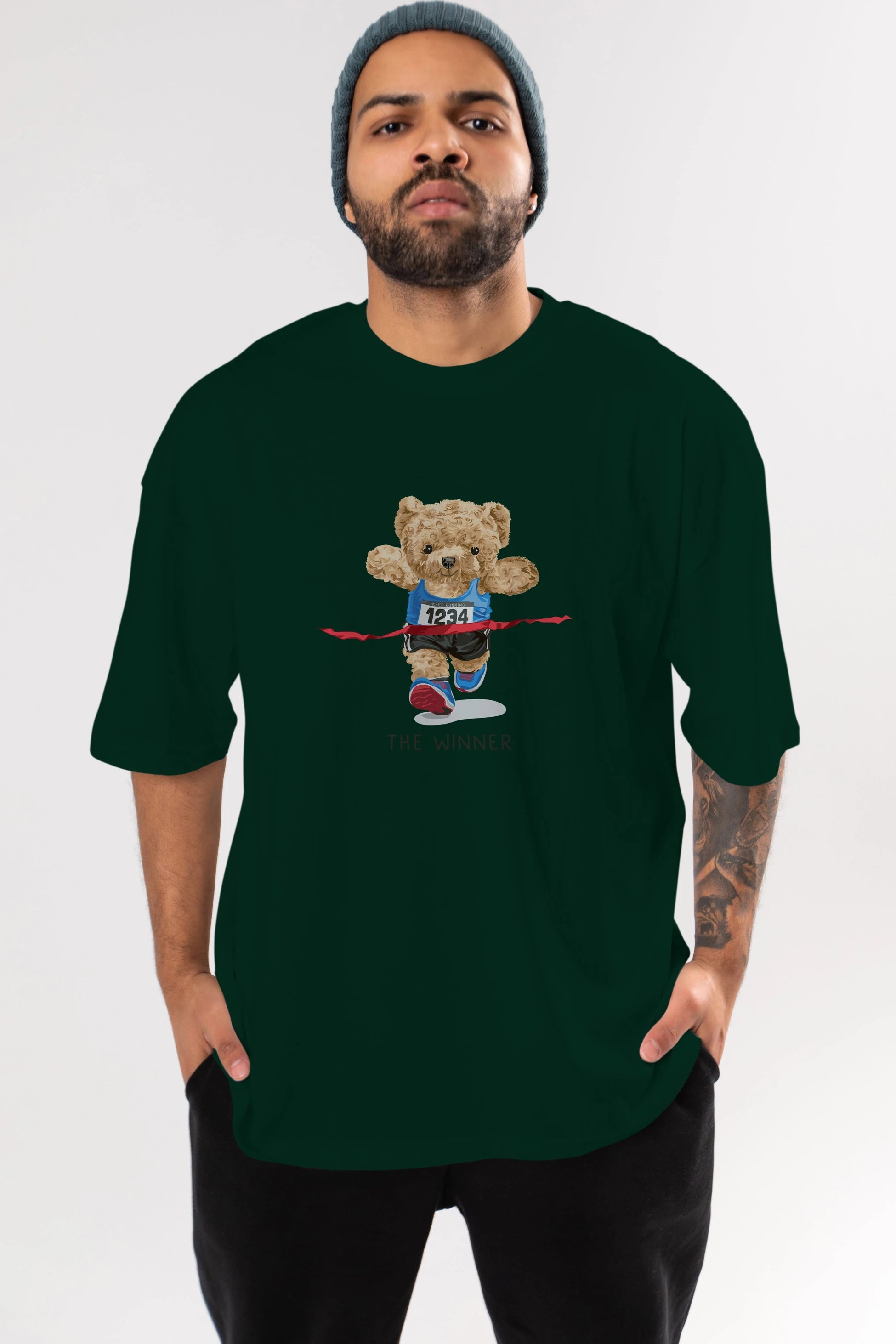 Teddy Bear The Winner Ön Baskılı Oversize t-shirt Erkek Kadın Unisex %100 Pamuk