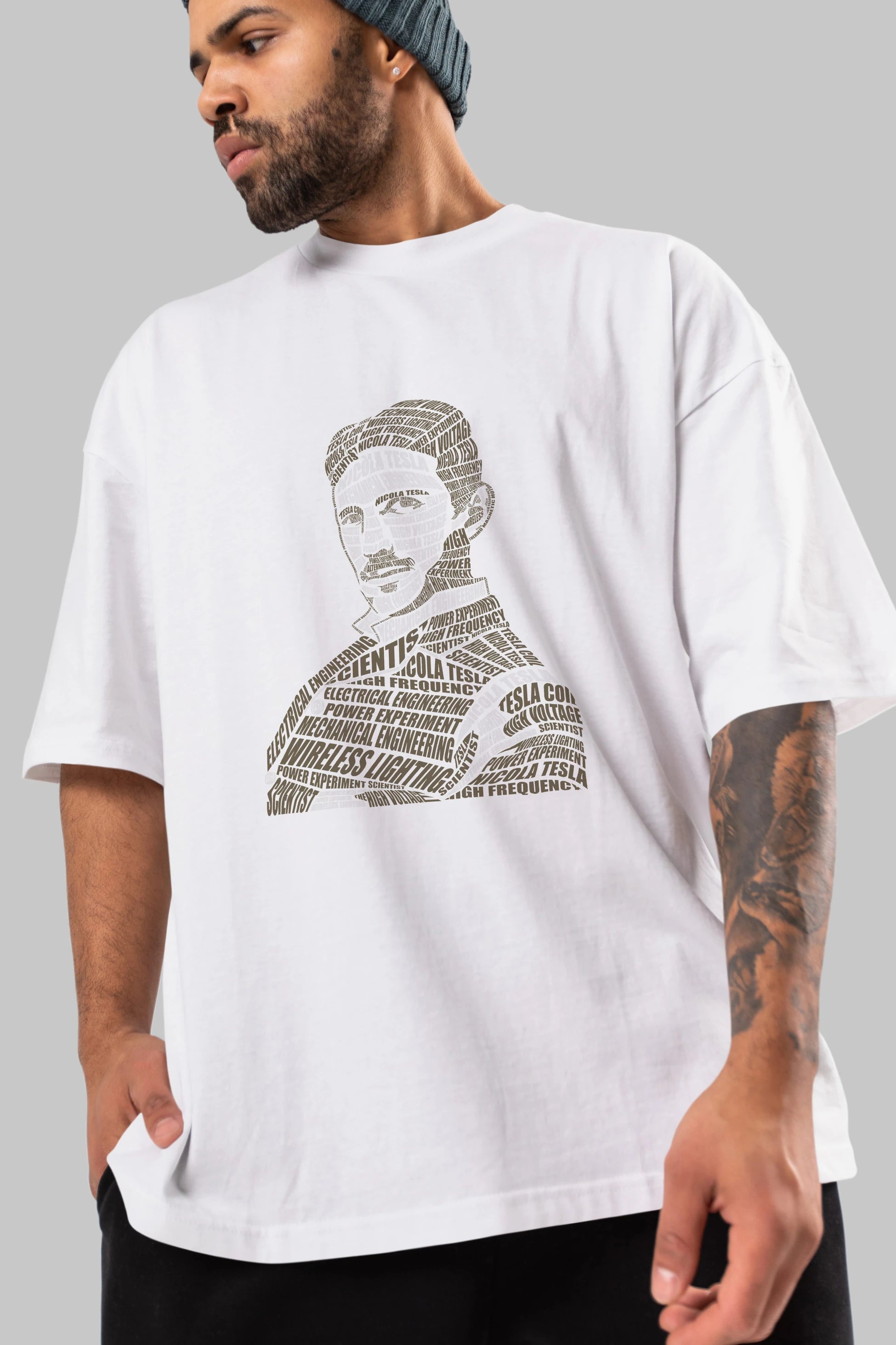 Nikola Tesla Calligram Ön Baskılı Oversize t-shirt %100 pamuk Erkek Kadın Unisex