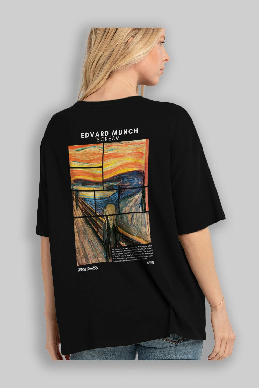 Edvard Munch Scream Arka Baskılı Oversize t-shirt Erkek Kadın Bisiklet Yaka Pamuk tişort