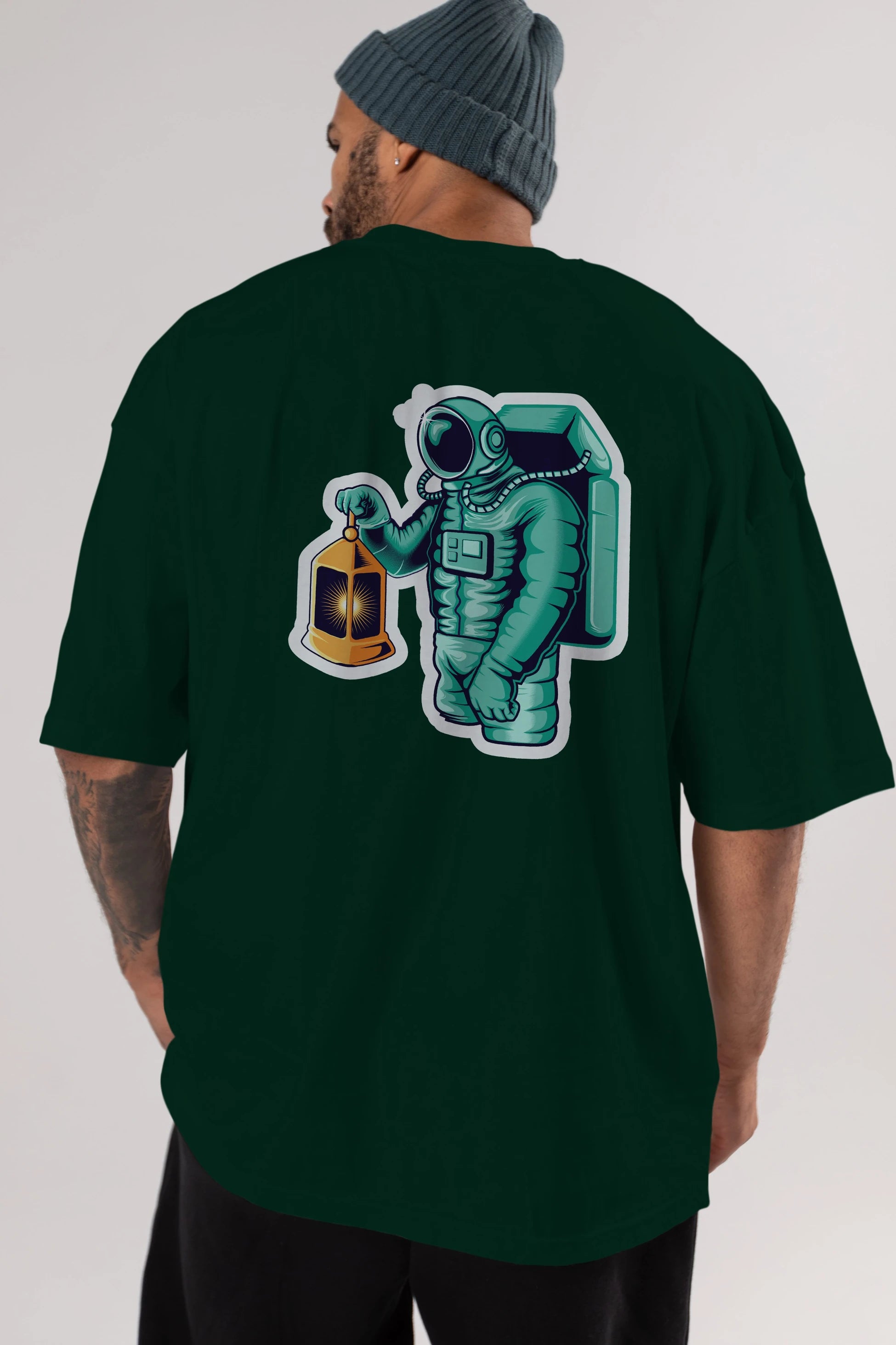 Astronaut Lantern Sticker Arka Baskılı Oversize t-shirt Erkek Kadın Unisex