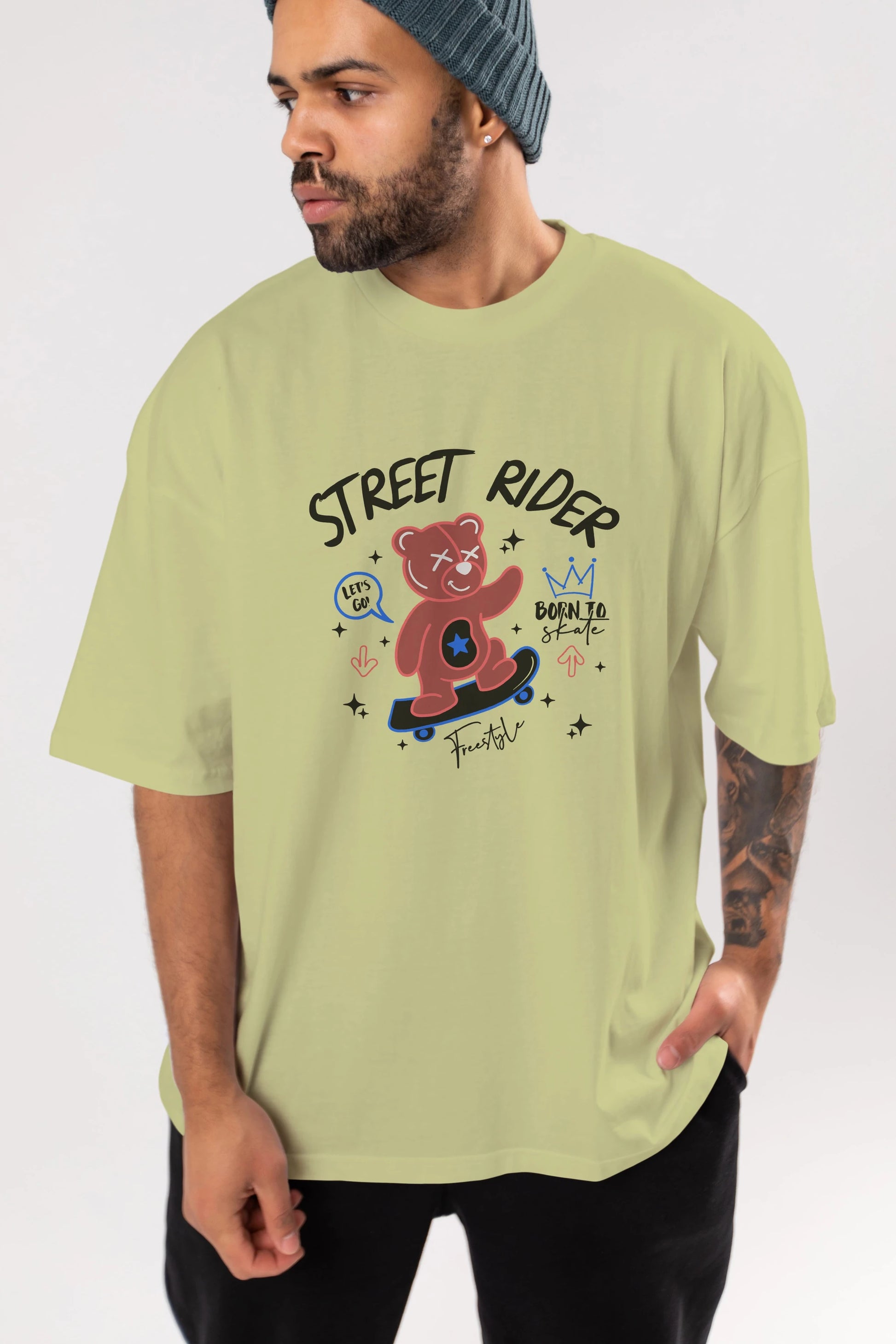 Street Rider Bear Ön Baskılı Oversize t-shirt Erkek Kadın Unisex