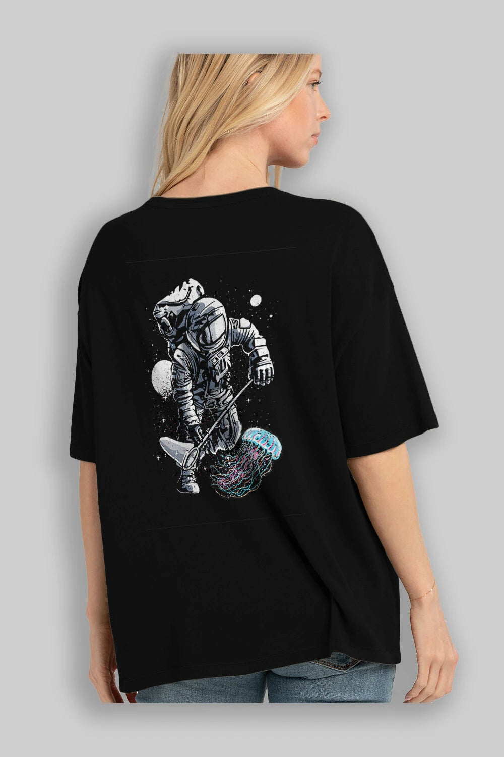 Astronaut Jellyfish Arka Baskılı Oversize t-shirt Erkek Kadın Unisex %100 Pamuk