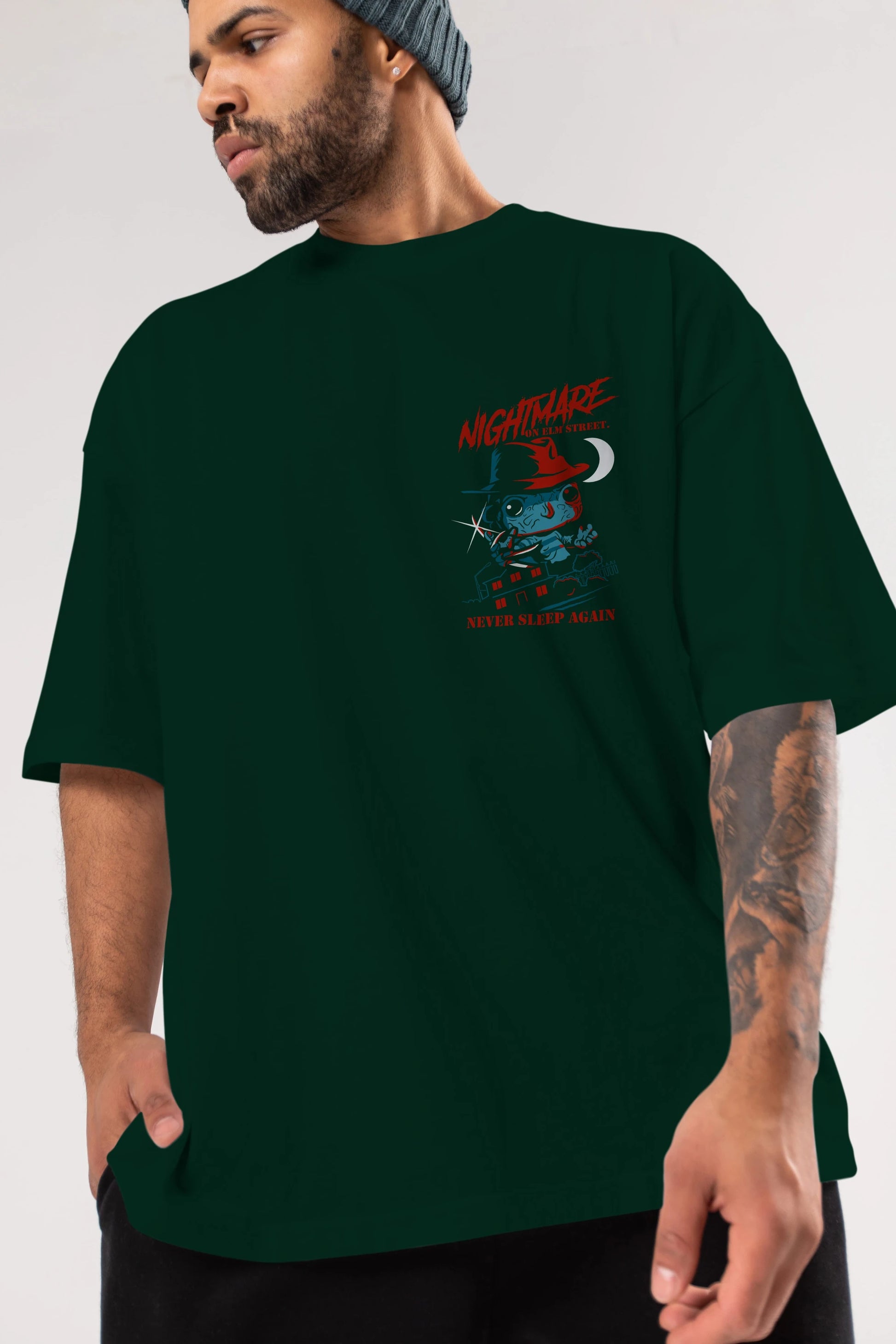Nightmare Elm Sokağı Ön Sol Baskılı Oversize t-shirt Erkek Kadın Unisex %100 Pamuk Bisiklet Yaka tişort