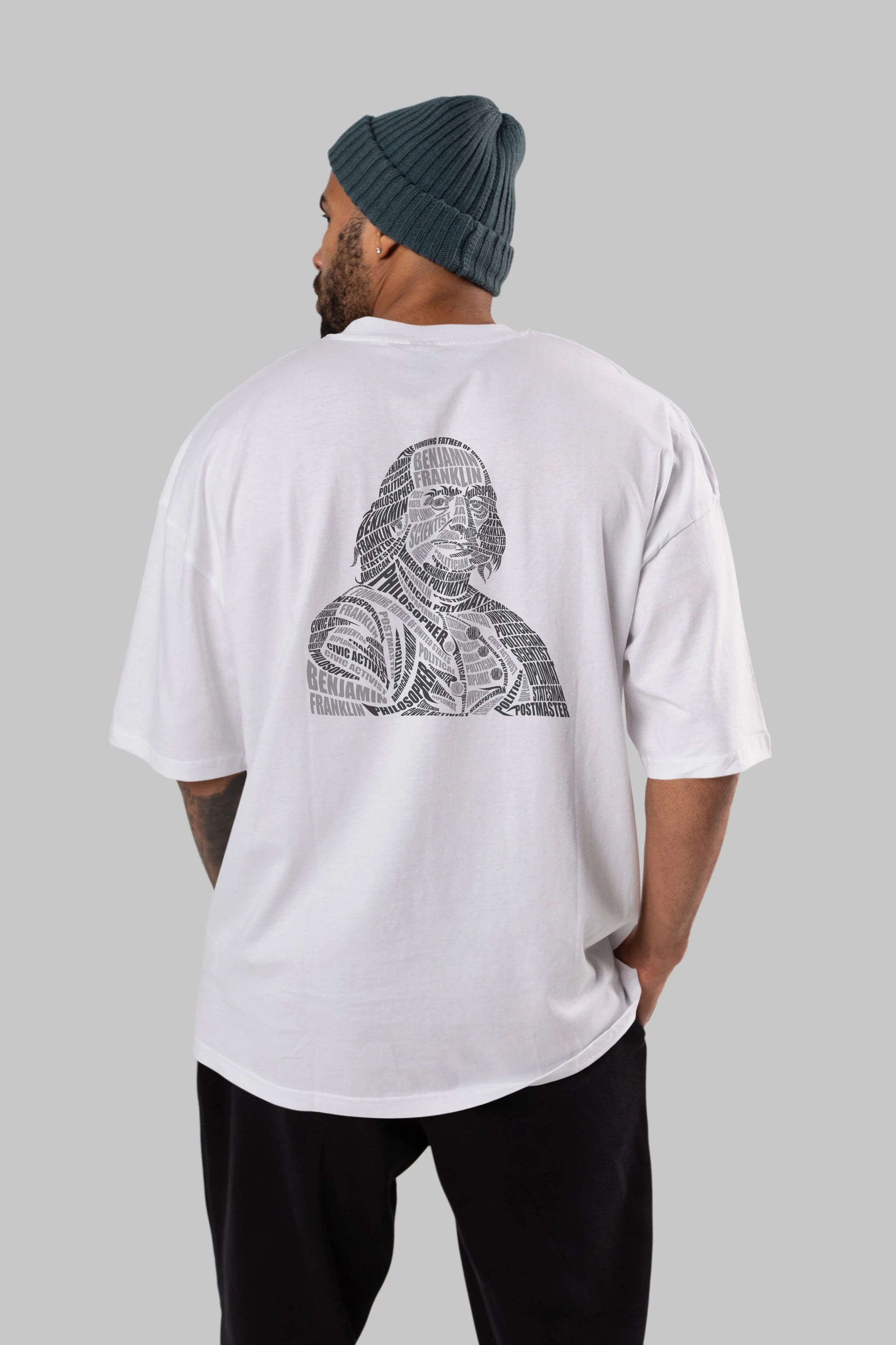 Benjamin Franklin Calligram Arka Baskılı Oversize t-shirt %100 pamuk Erkek Kadın Unisex