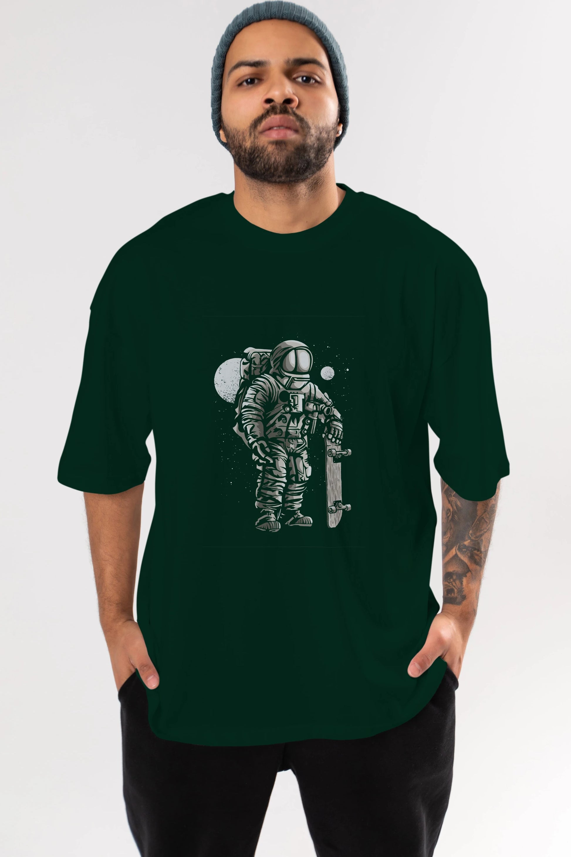 Astronaut Skater Ön Baskılı Oversize t-shirt Erkek Kadın Unisex %100 Pamuk tişort