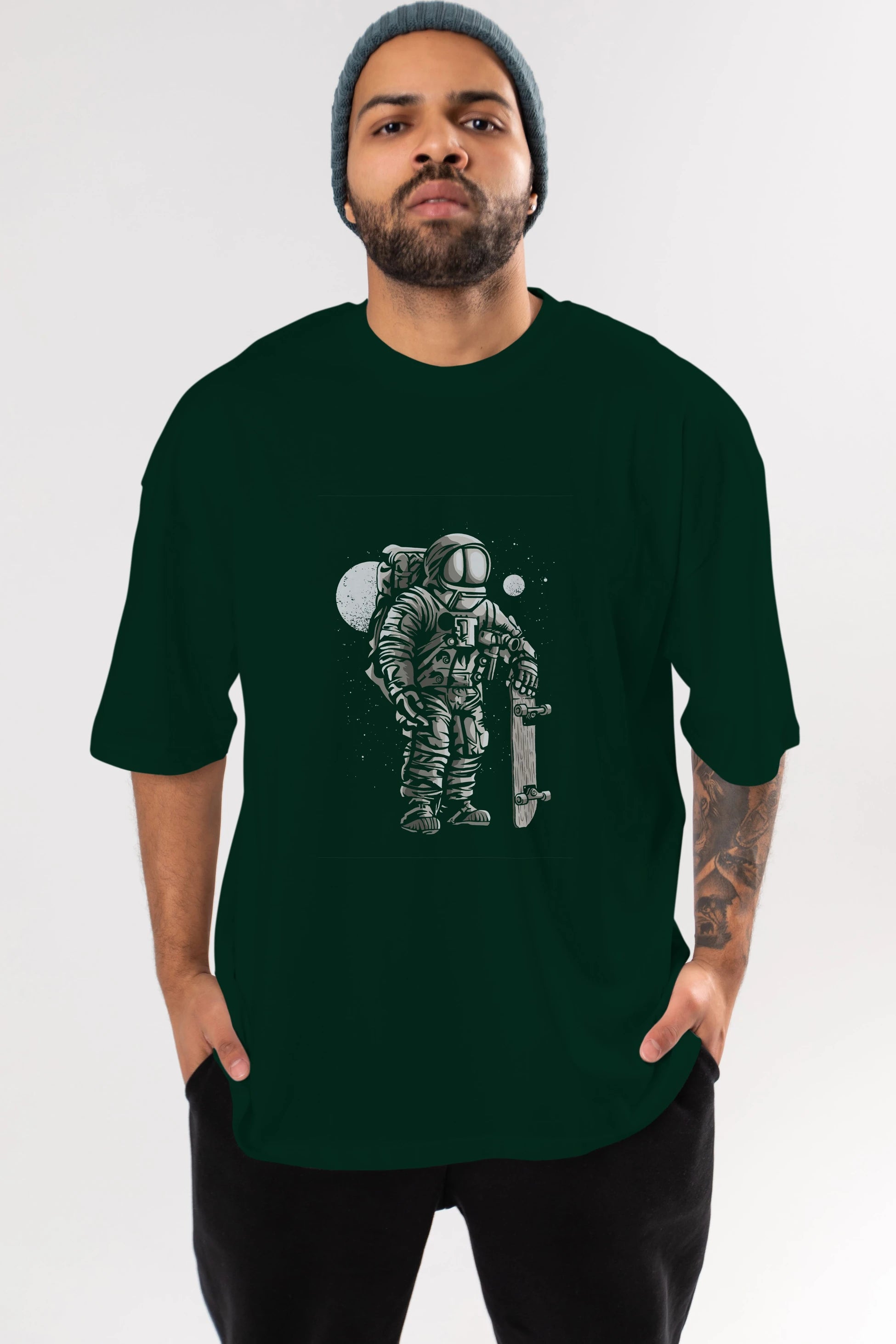 Astronaut Skater Ön Baskılı Oversize t-shirt Erkek Kadın Unisex %100 Pamuk tişort
