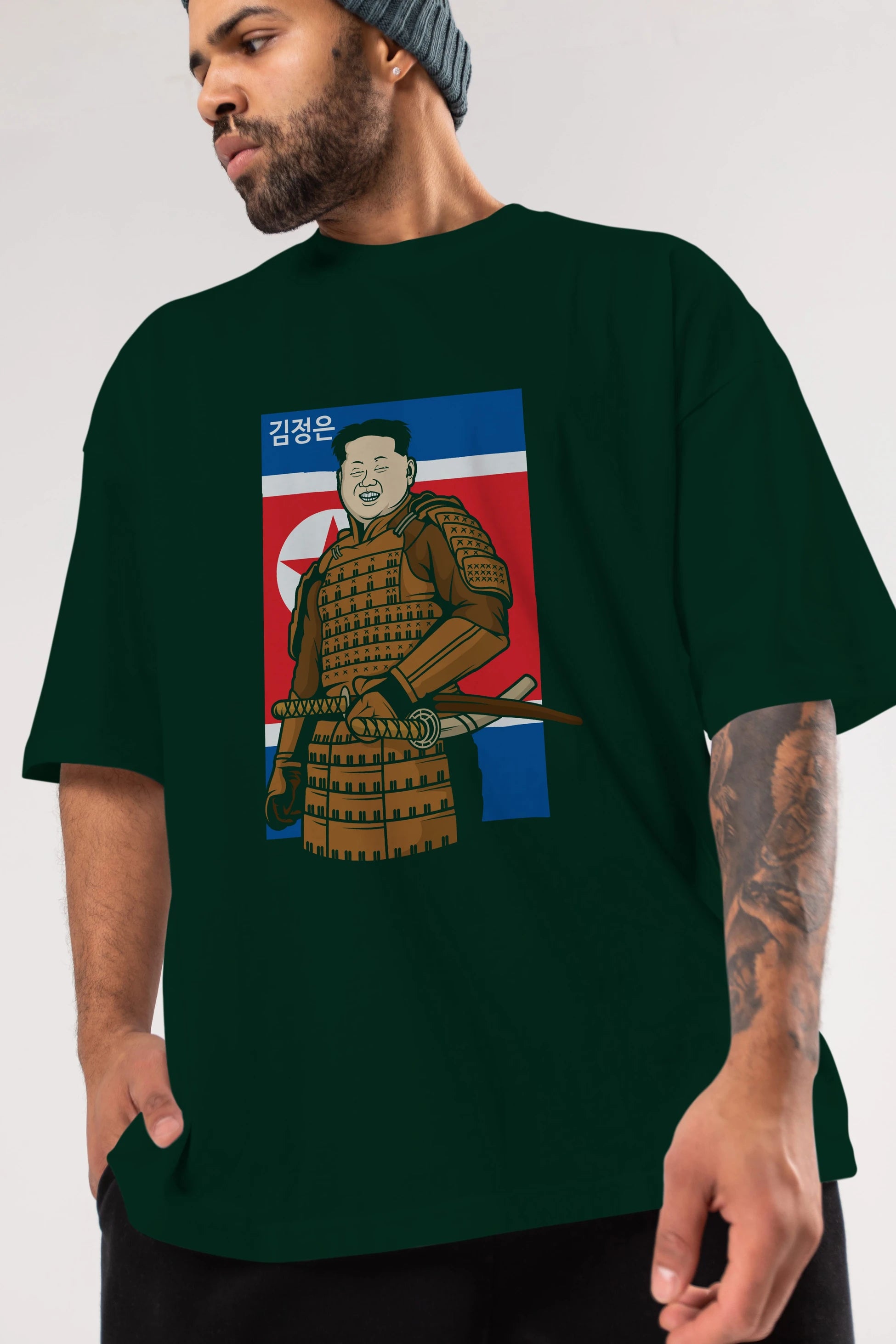 Samurai Jong Un Ön Baskılı Oversize t-shirt Erkek Kadın Unisex %100 Pamuk tişort