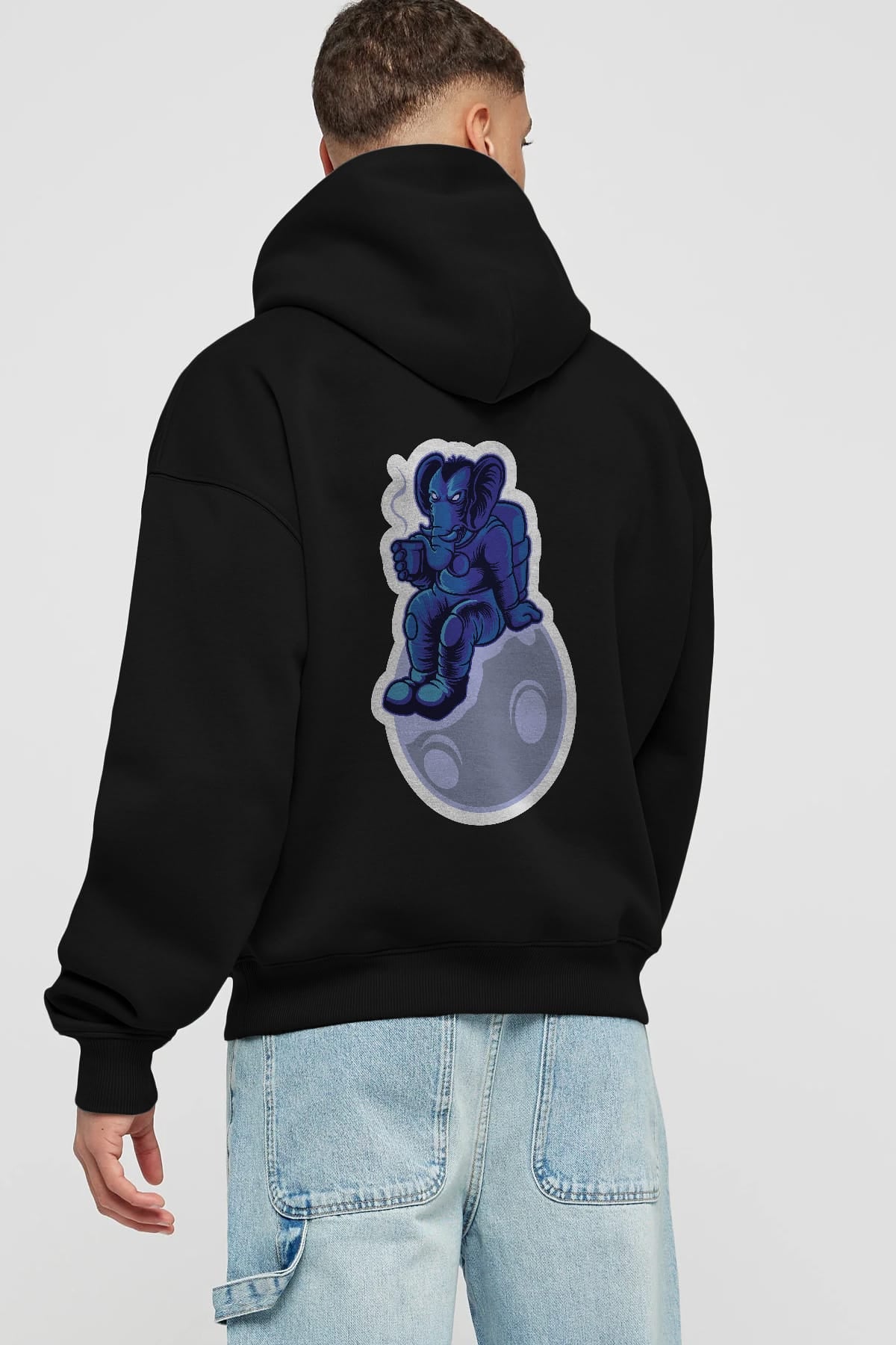 Space Elephant Drink Coffee Sticker Arka Baskılı Hoodie Oversize Kapüşonlu Sweatshirt Erkek Kadın Unisex
