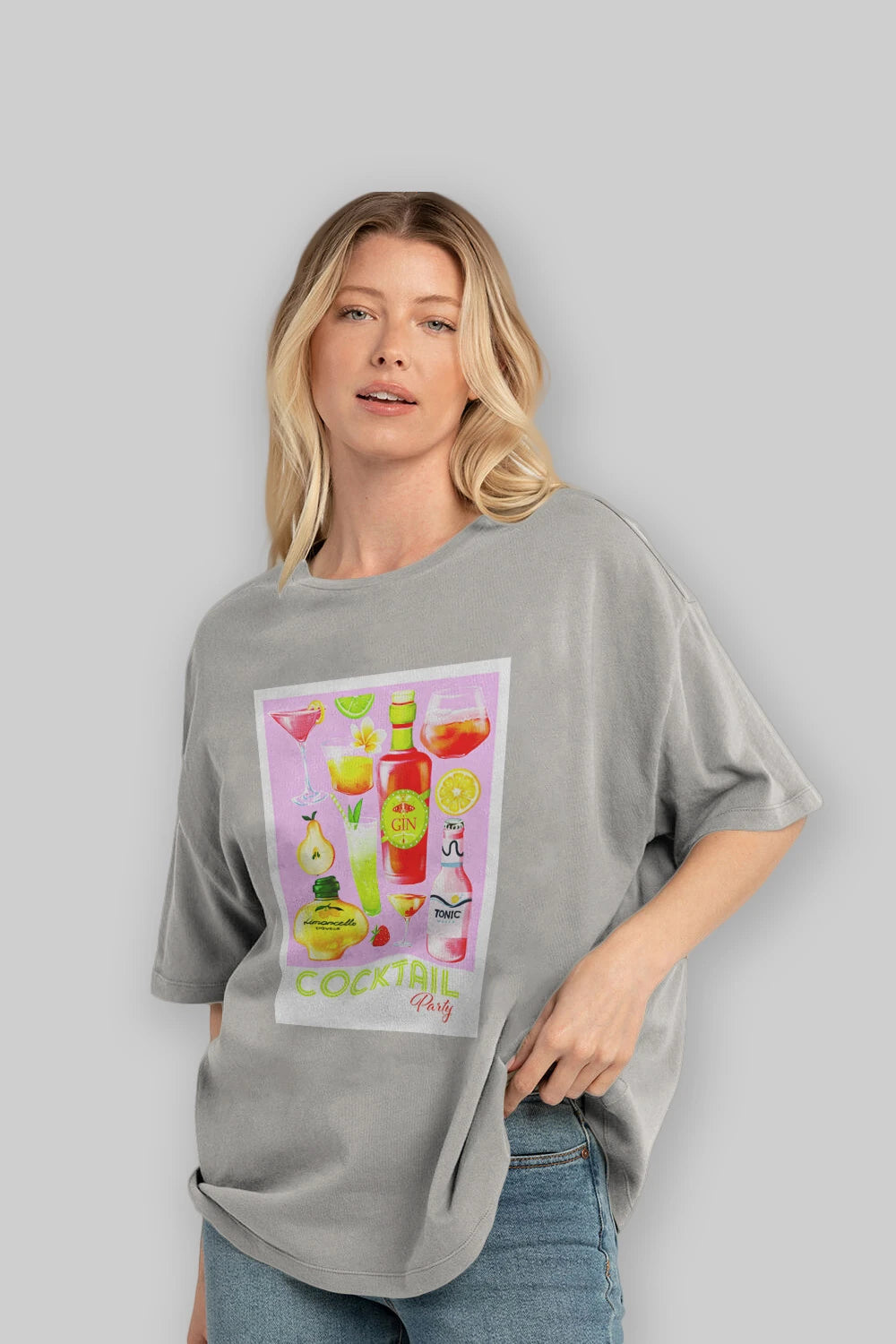 Cocktail Party Ön Baskılı Oversize t-shirt Erkek Kadın Unisex %100 Pamuk Bisiklet Yaka tişort