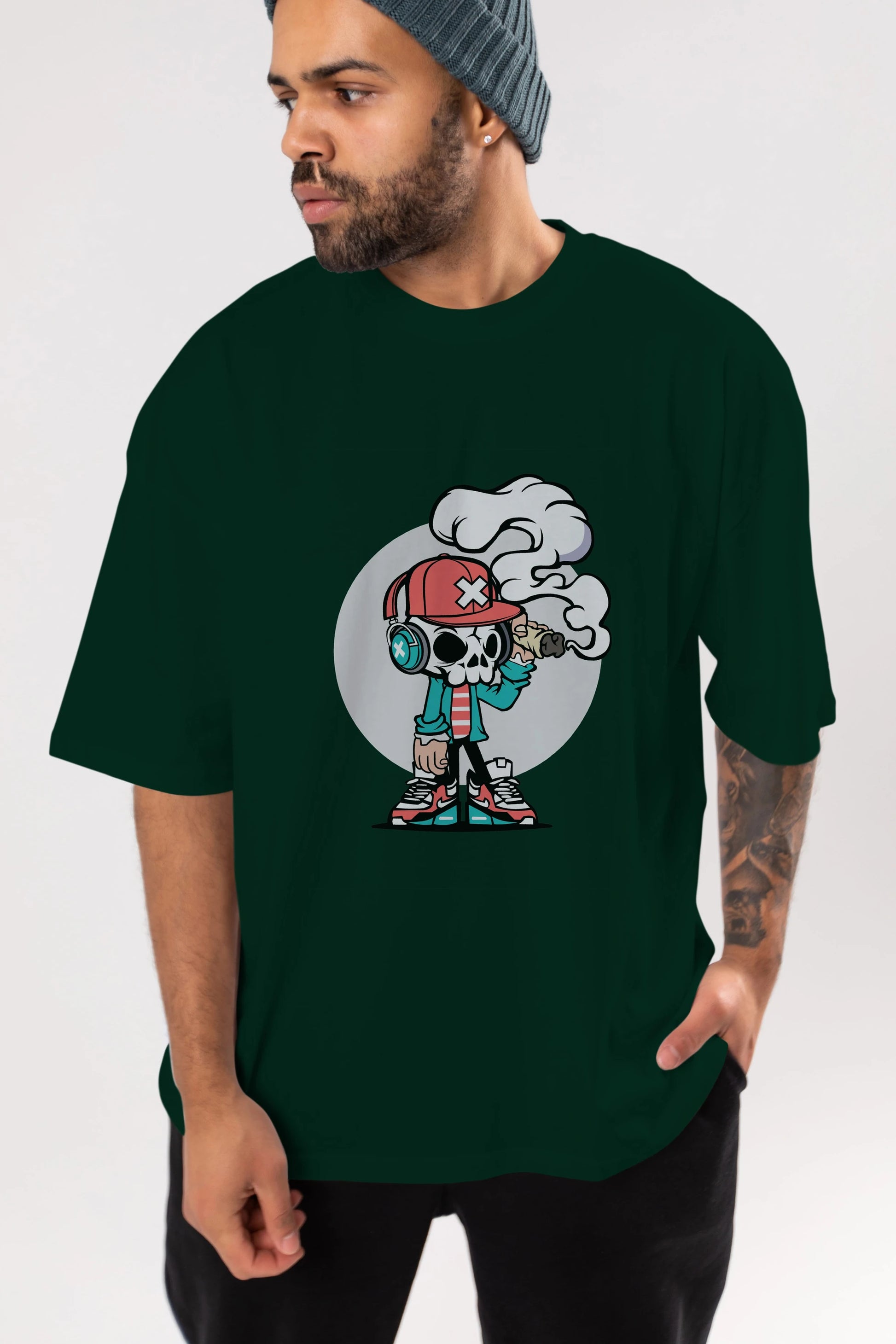 Skull Headphone Ön Baskılı Oversize t-shirt Erkek Kadın Unisex %100 Pamuk tişort