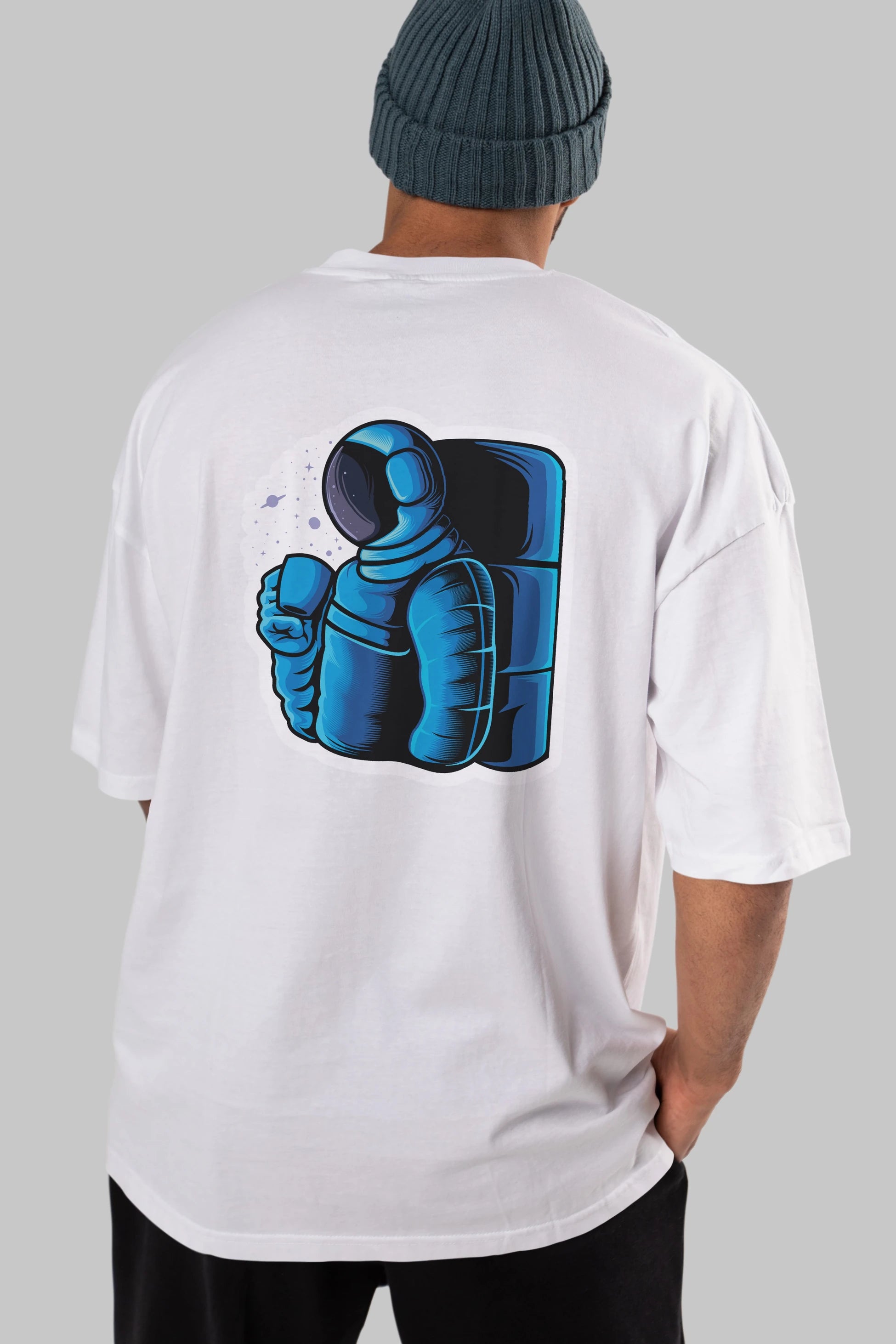 Drinking coffee in space sticker Arka Baskılı Oversize t-shirt Erkek Kadın Unisex