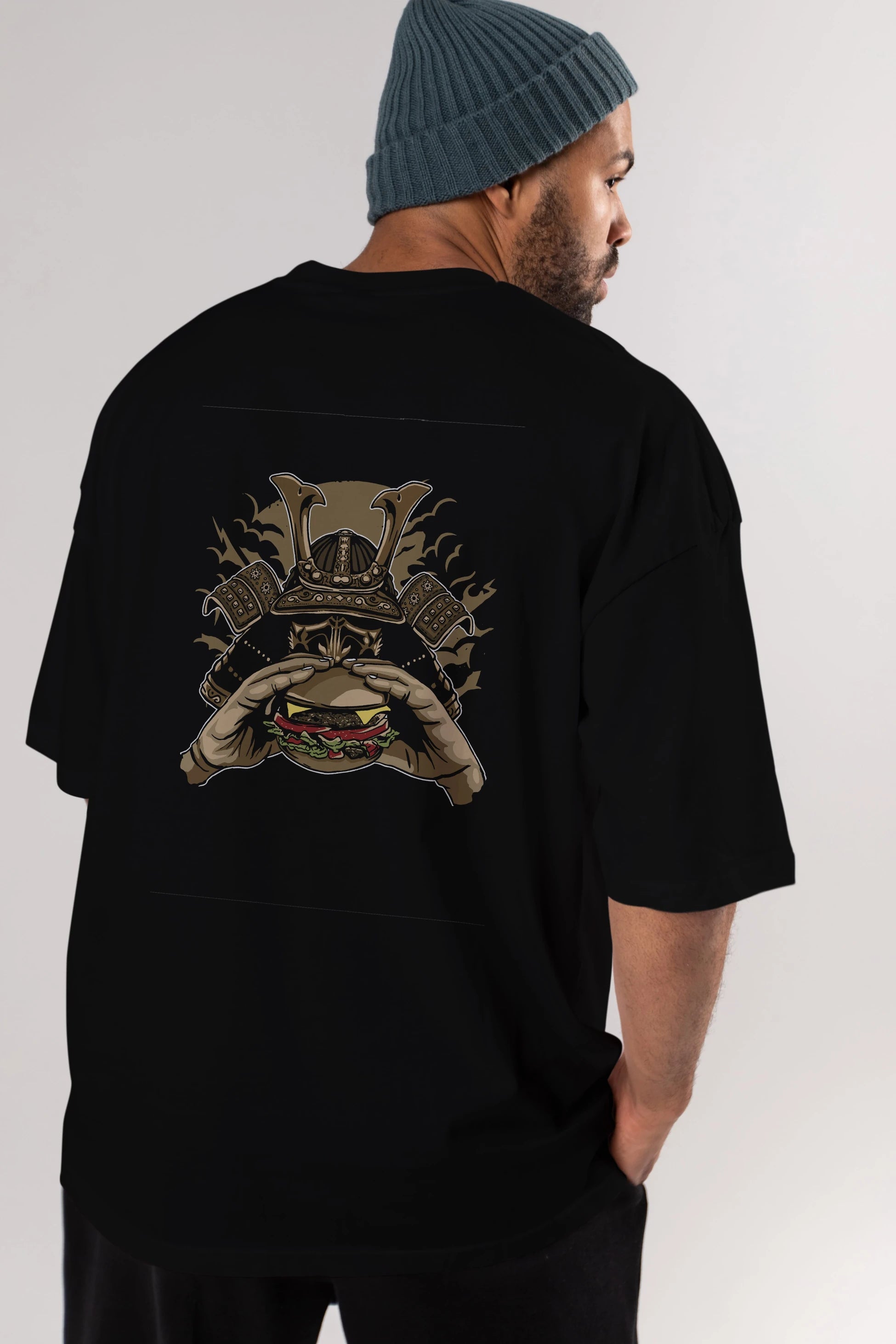 Samurai Burger Arka Baskılı Oversize t-shirt Erkek Kadın Unisex %100 Pamuk