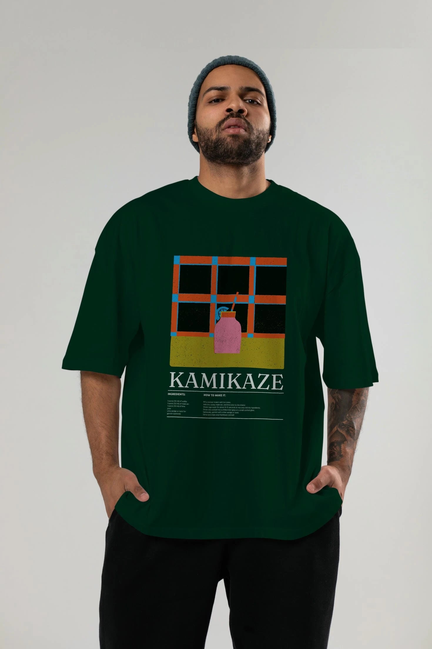 Kamikaze Kokteyl Ön Baskılı Oversize t-shirt Erkek Kadın %100 Pamuk Bisiklet Yaka tişort
