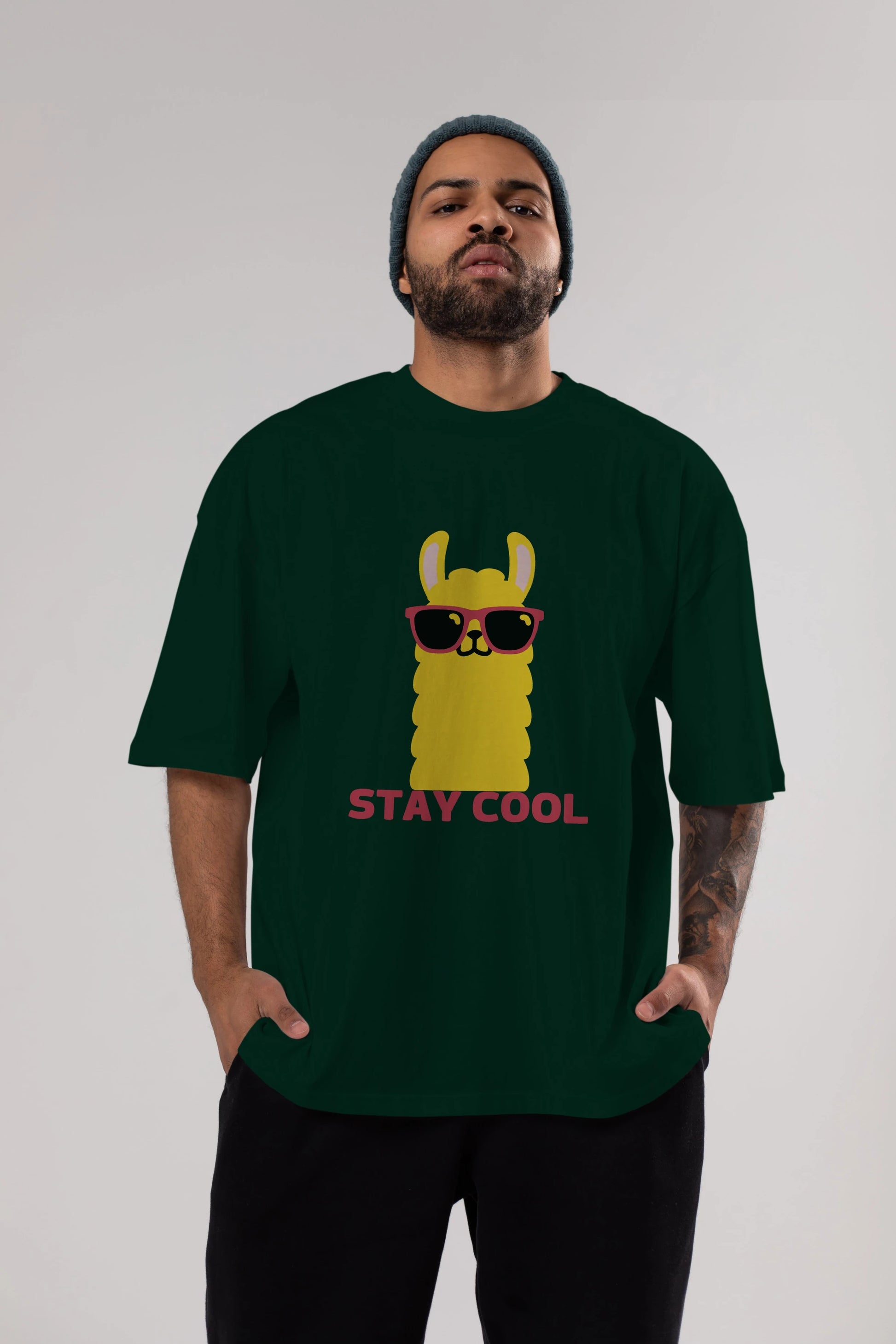 Stay Cool Yazılı Lama Ön Baskılı Oversize t-shirt Erkek Kadın Unisex