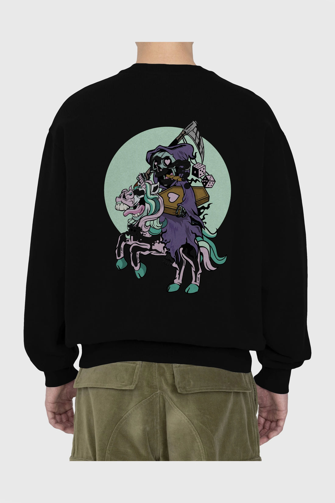 Grim Reaper Riding Unicorn Arka Baskılı Oversize Sweatshirt Erkek Kadın Unisex