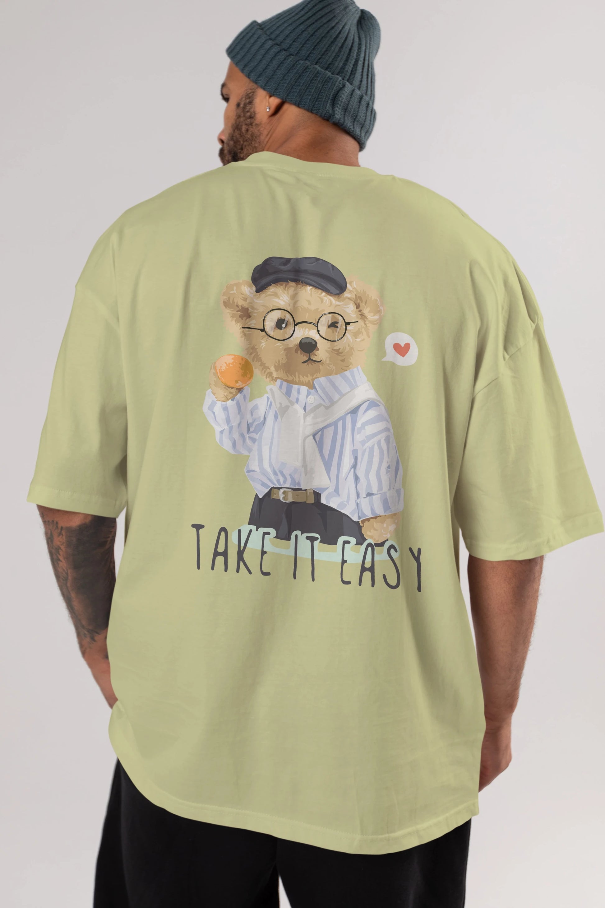 Teddy Bear Take it Easy Arka Baskılı Oversize t-shirt Erkek Kadın Unisex %100 Pamuk