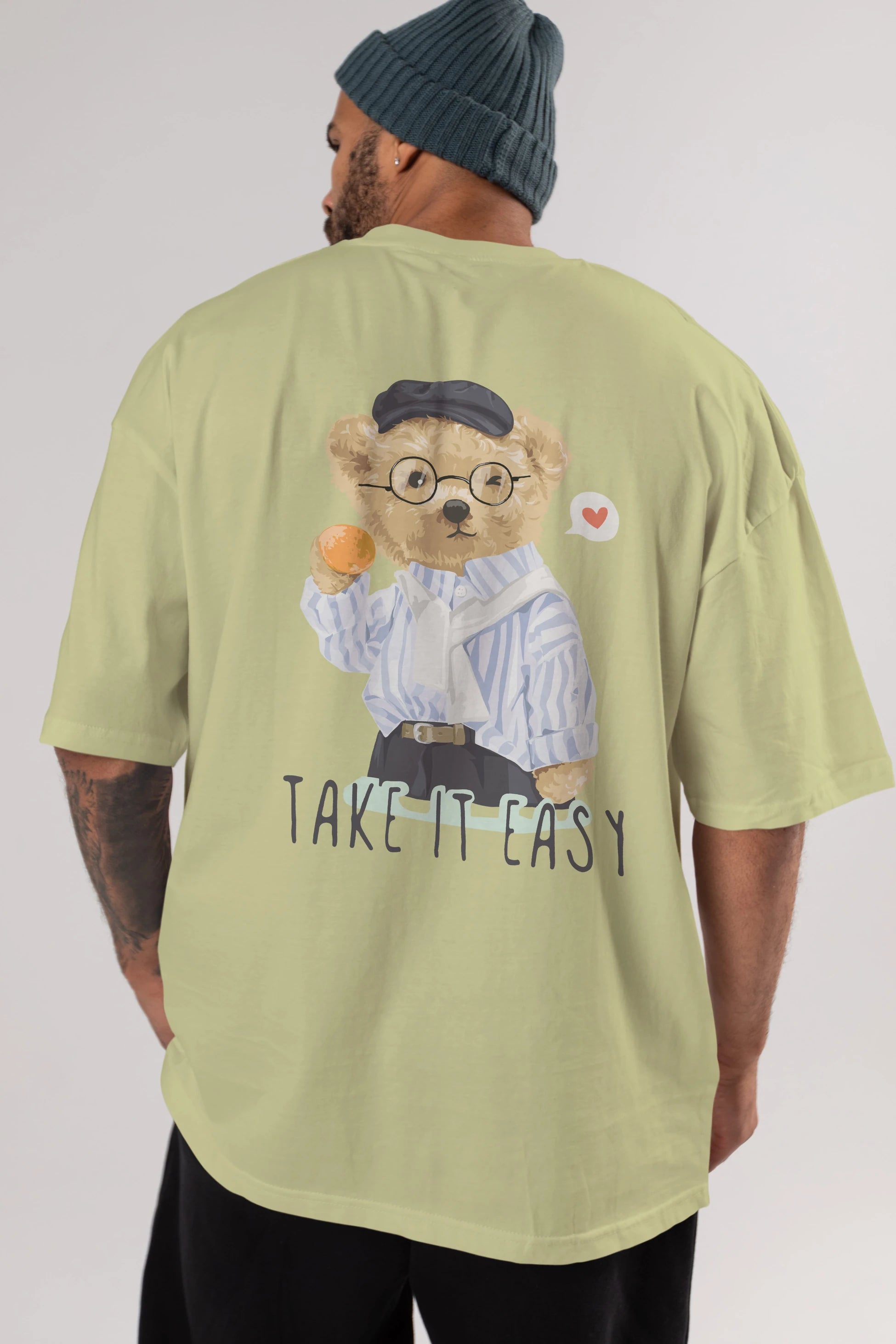 Teddy Bear Take it Easy Arka Baskılı Oversize t-shirt Erkek Kadın Unisex %100 Pamuk