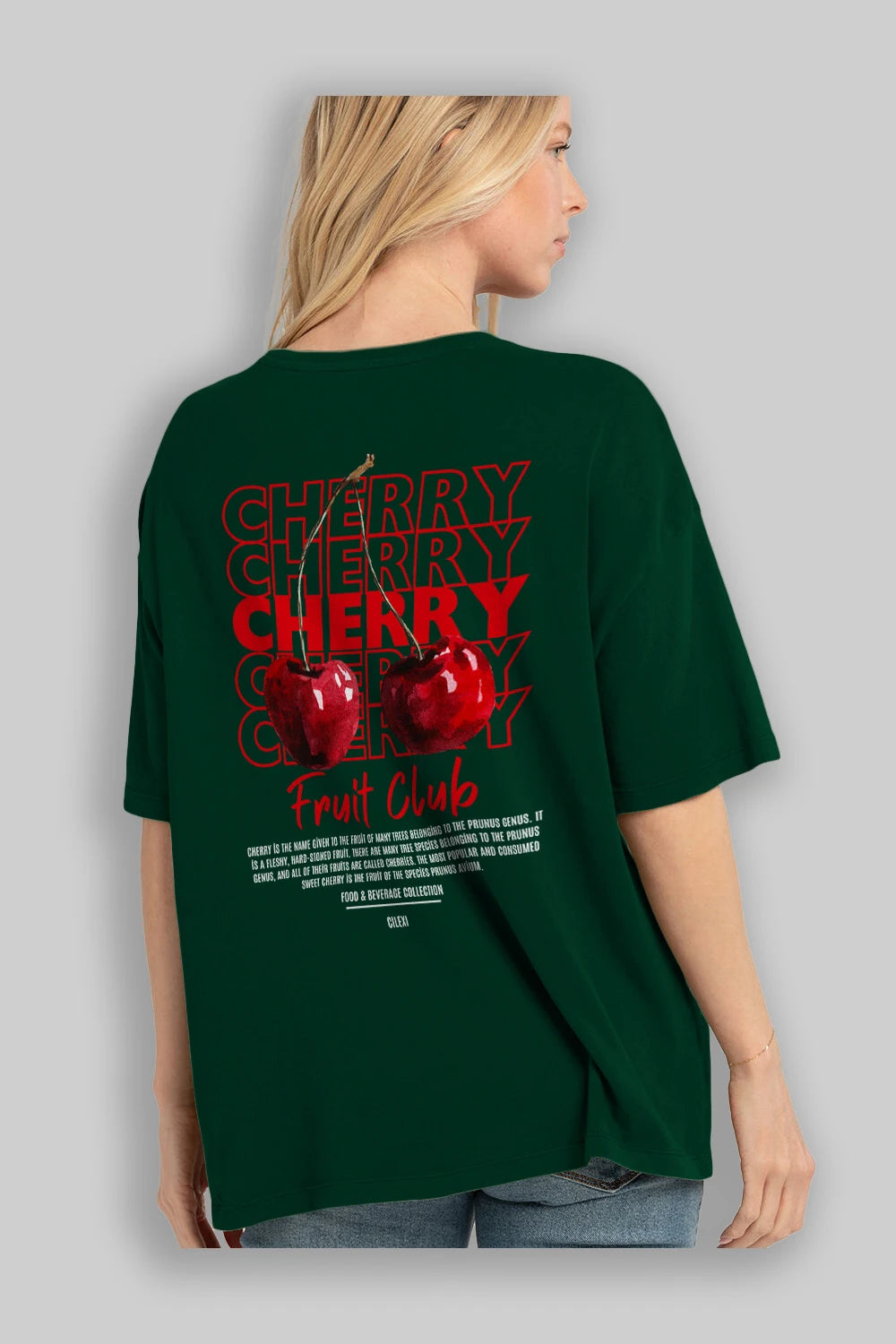 Cherry Arka Baskılı Oversize t-shirt Erkek Kadın Pamuk Bisiklet Yaka tişort