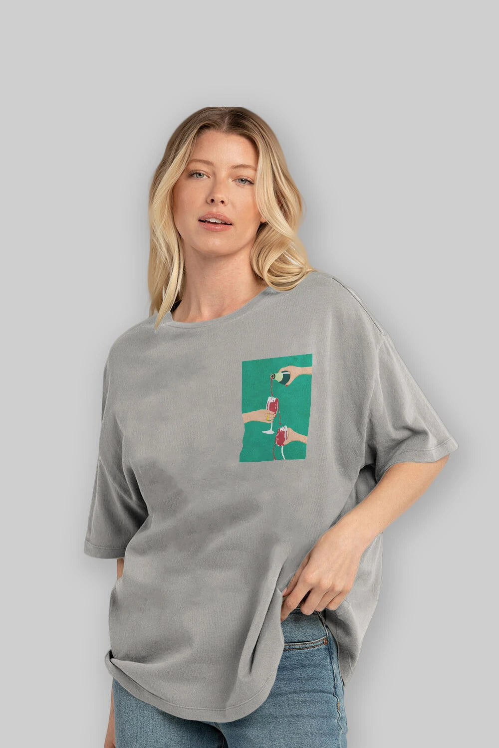 Wine 2 Ön Sol Baskılı Oversize t-shirt Erkek Kadın Unisex %100 Pamuk Bisiklet Yaka tişort