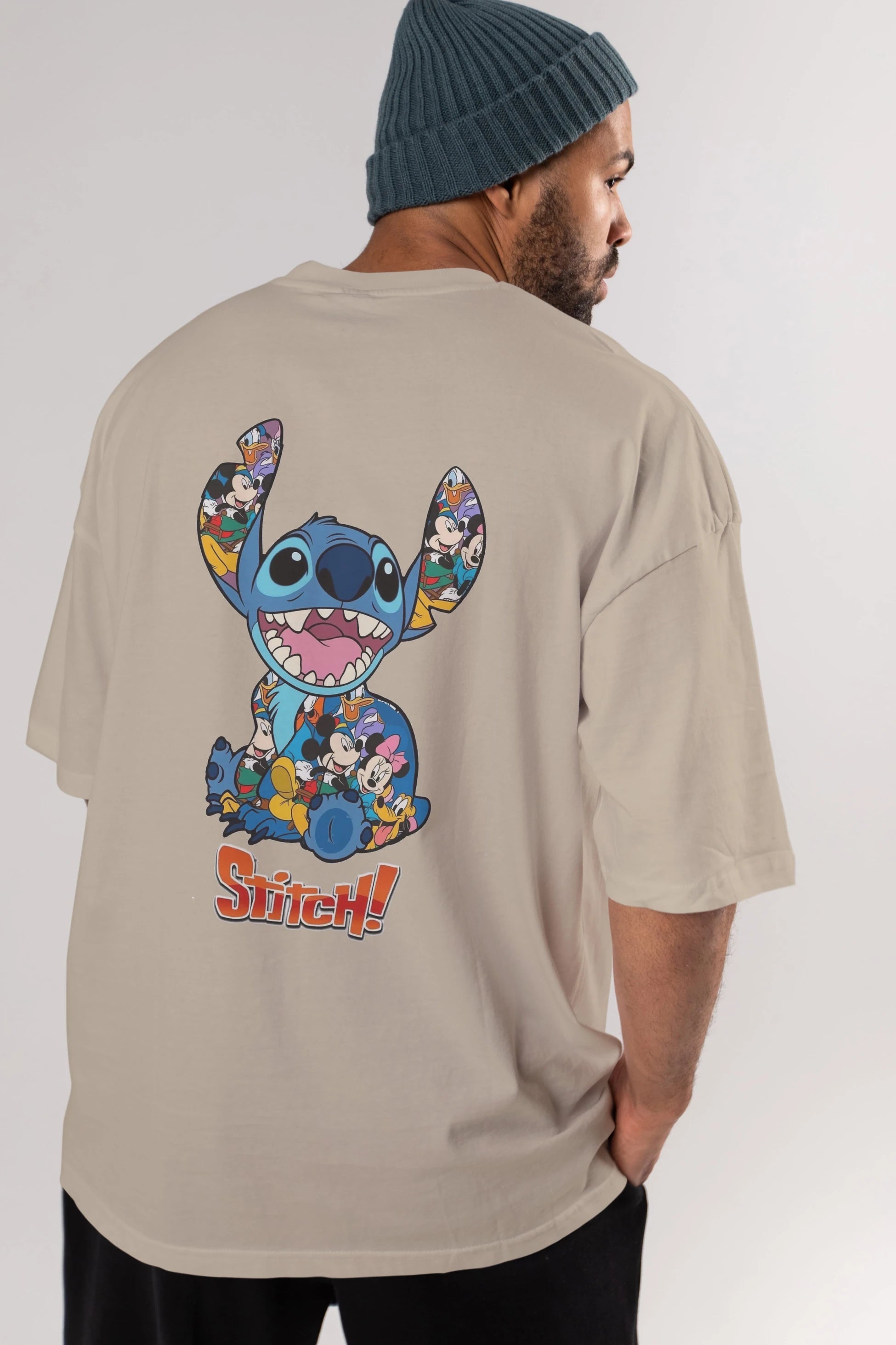 Stitch Arka Baskılı Oversize t-shirt Erkek Kadın Unisex %100 Pamuk Bisiklet Yaka tişort