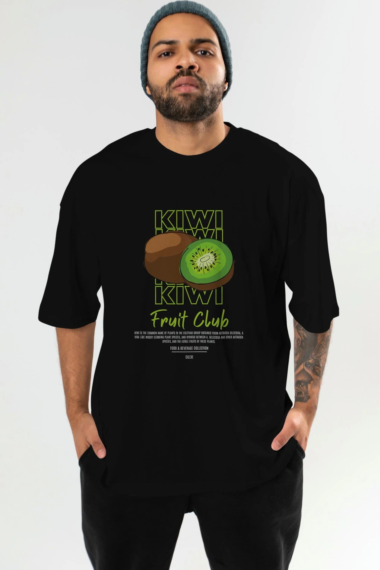 Kiwi Ön Baskılı Oversize t-shirt Erkek Kadın Pamuk Bisiklet Yaka tişort