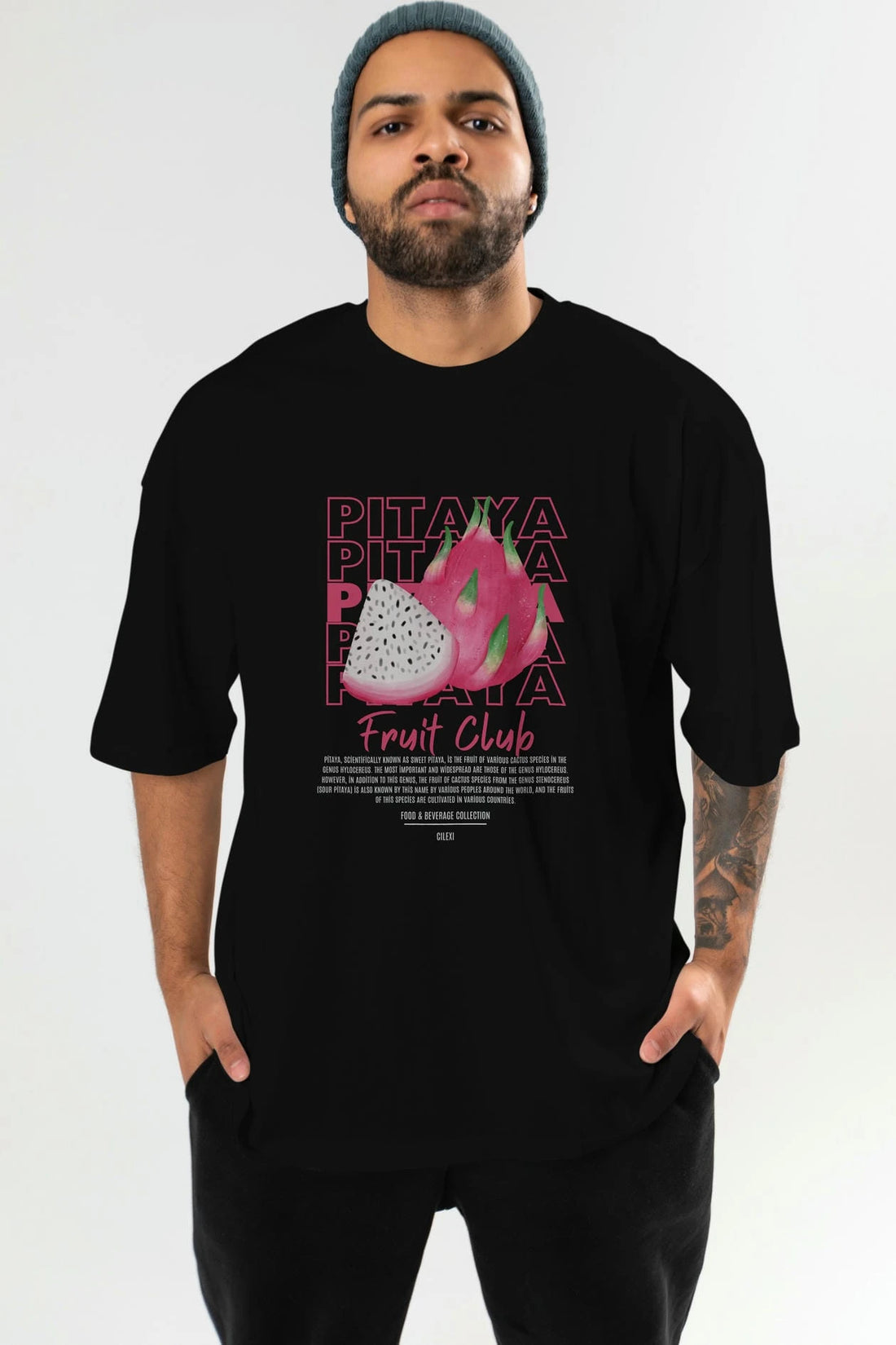 Pitaya Ön Baskılı Oversize t-shirt Erkek Kadın Pamuk Bisiklet Yaka tişort