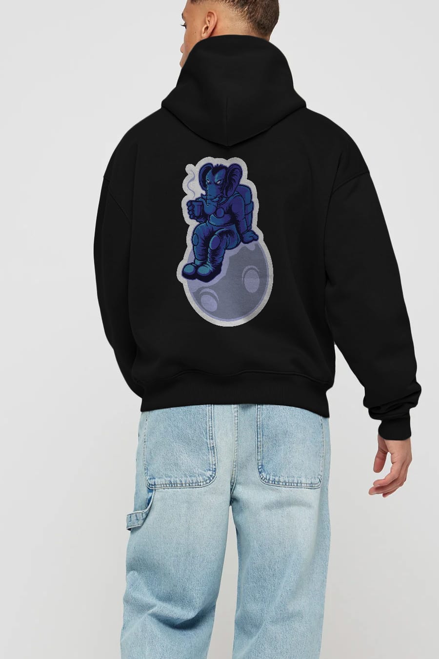 Space Elephant Drink Coffee Sticker Arka Baskılı Hoodie Oversize Kapüşonlu Sweatshirt Erkek Kadın Unisex