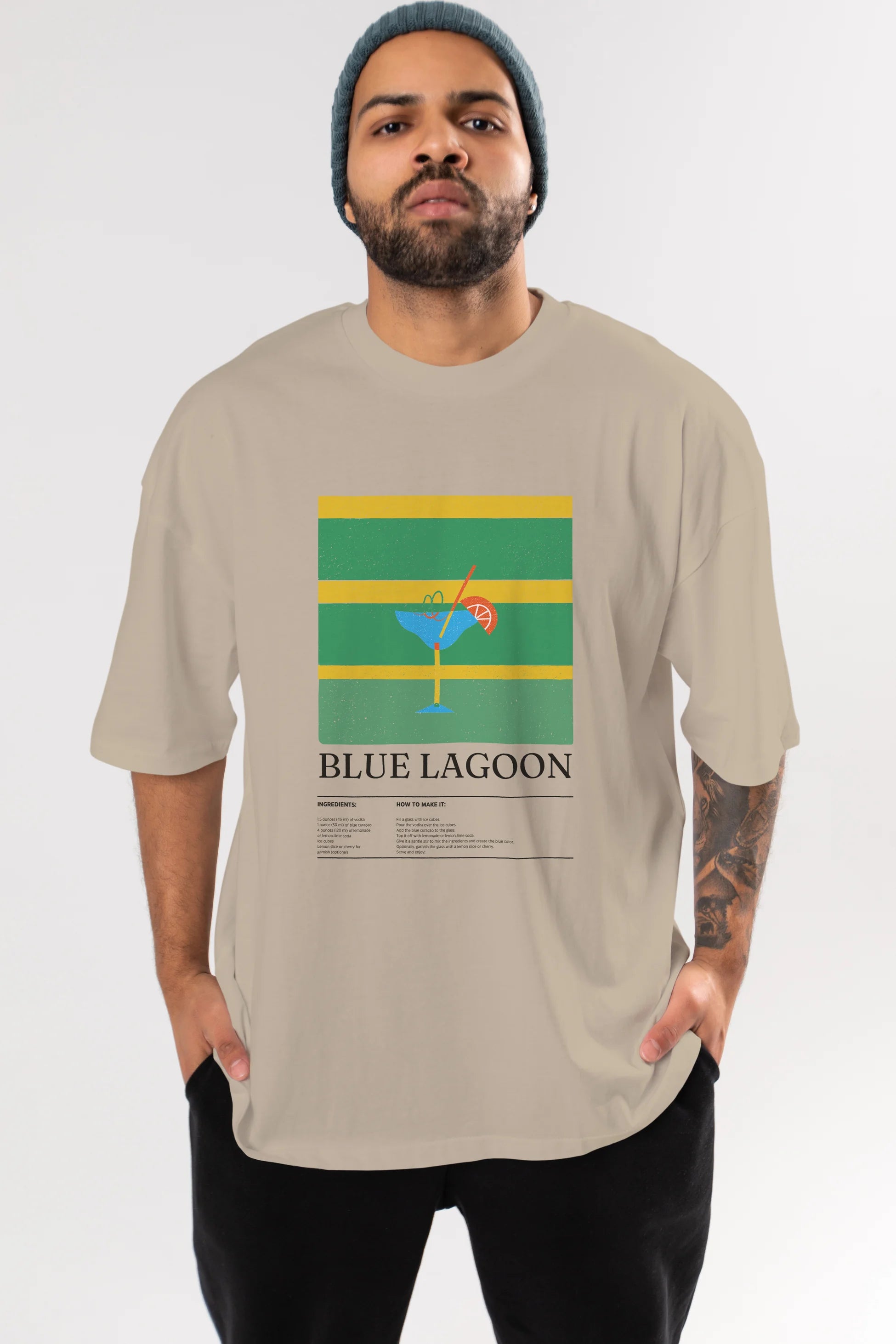 Blue Lagoon Kokteyl Ön Baskılı Oversize t-shirt Erkek Kadın %100 Pamuk Bisiklet Yaka tişort