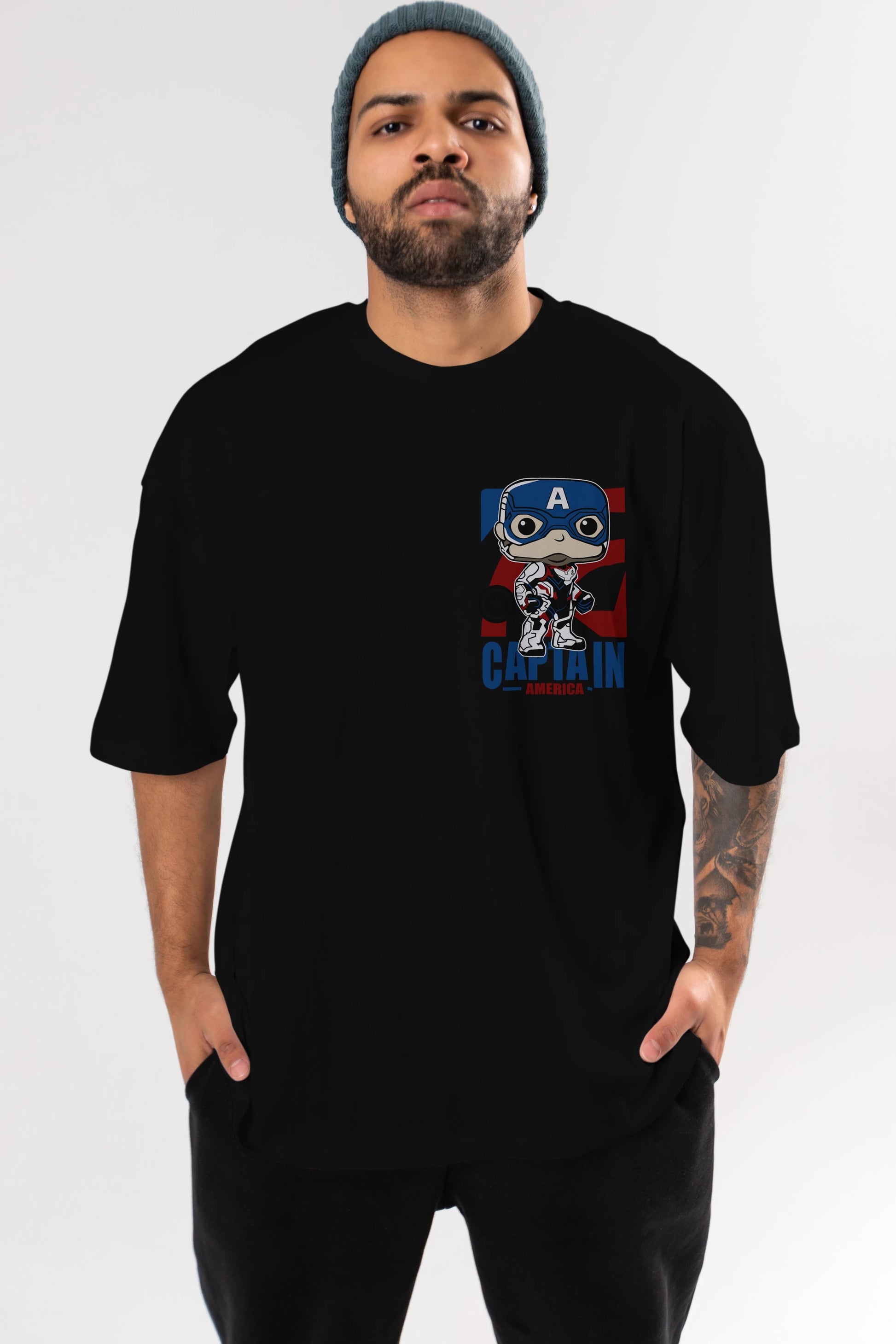 Captain America Ön Sol Baskılı Oversize t-shirt Erkek Kadın Unisex %100 Pamuk Bisiklet Yaka tişort
