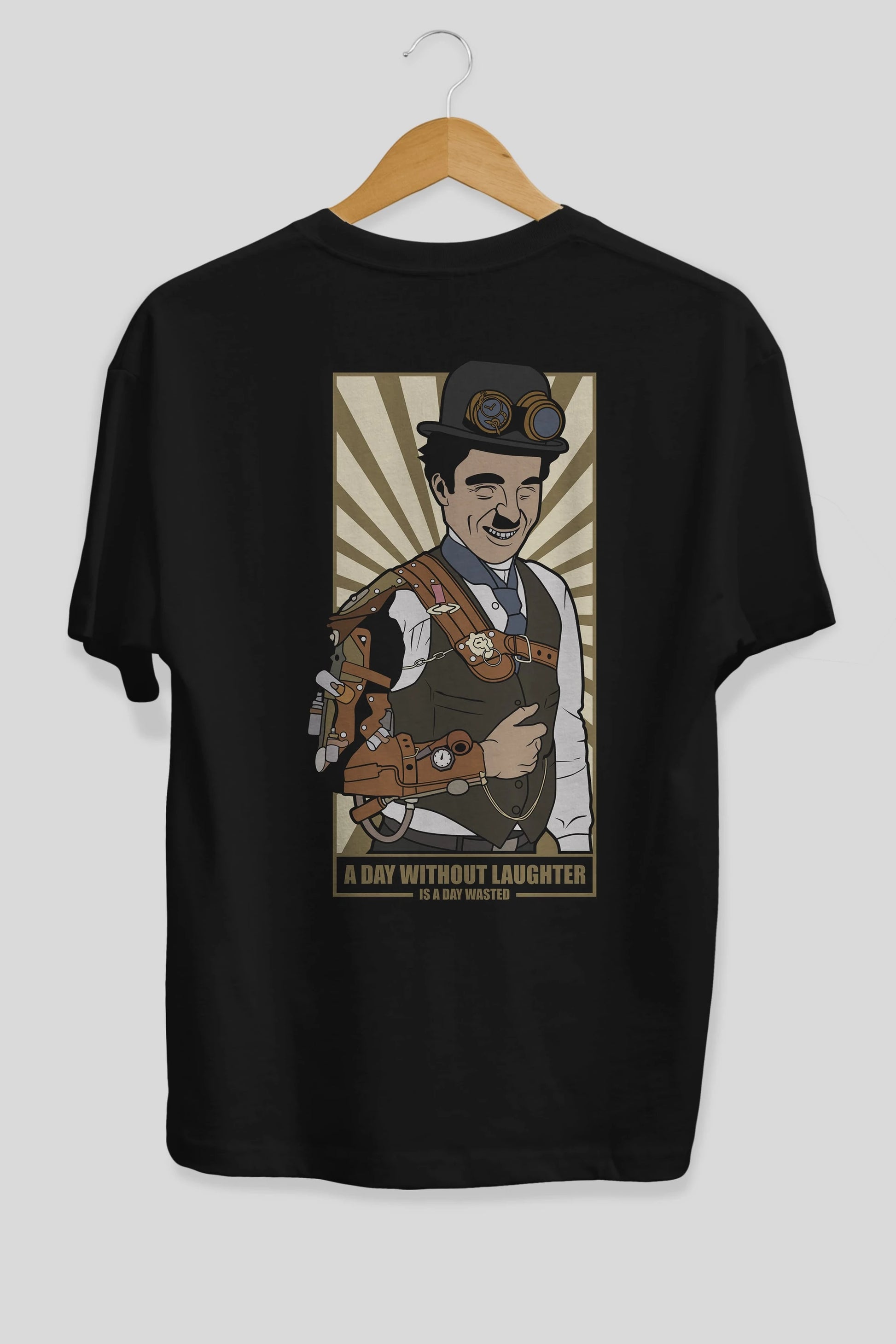 Steampunk Chaplin Arka Baskılı Oversize t-shirt Erkek Kadın Unisex %100 Pamuk tişort