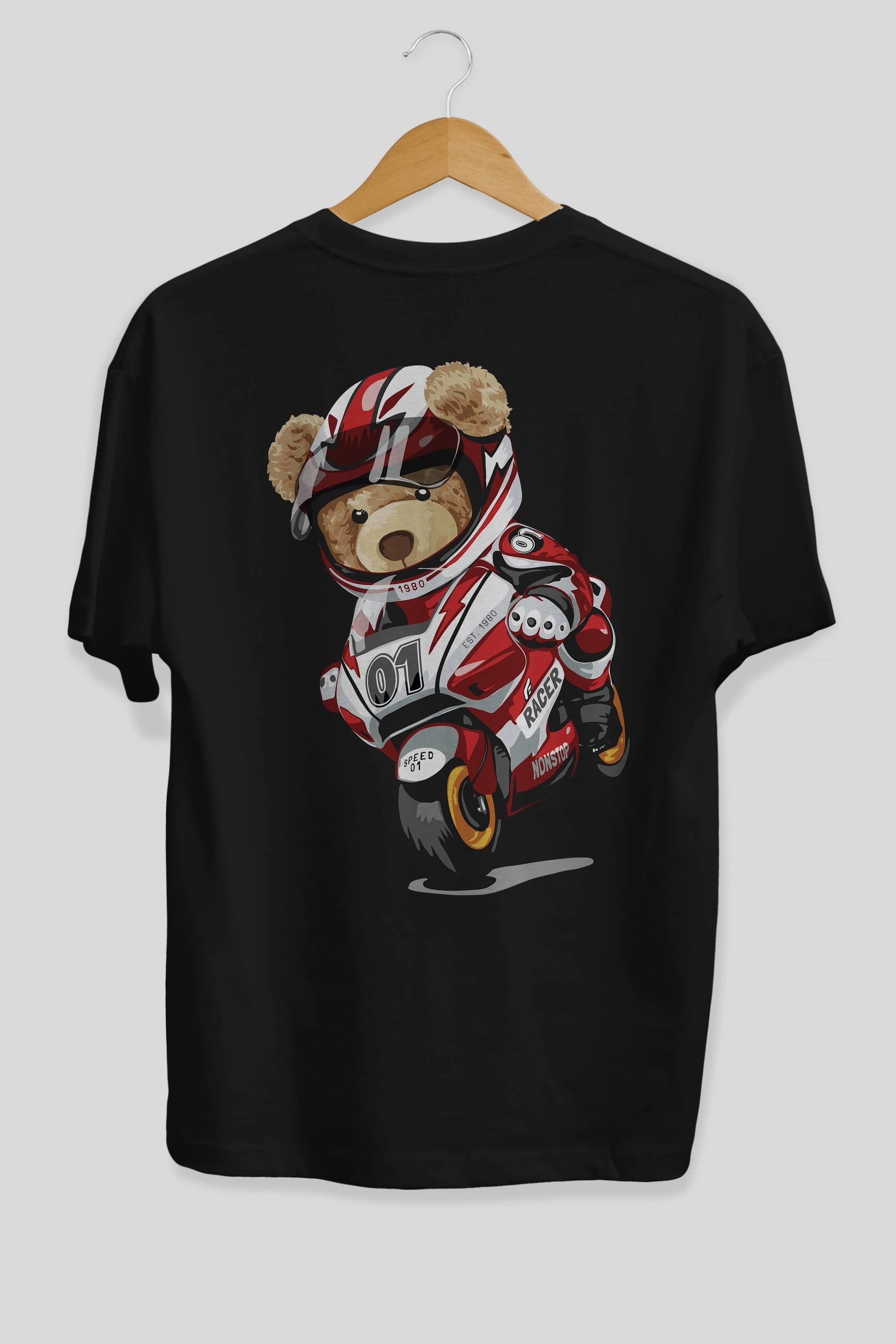 Teddy Bear Racer Arka Baskılı Oversize t-shirt Erkek Kadın Unisex %100 Pamuk