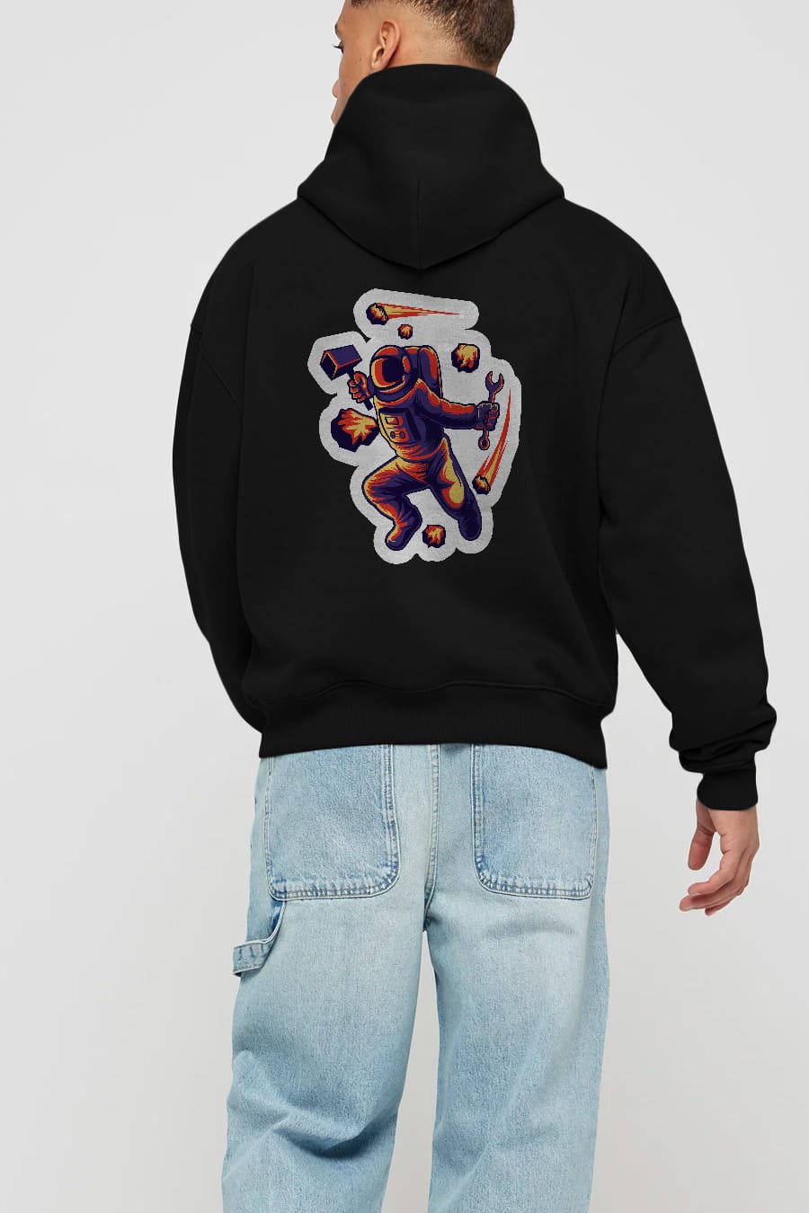 Astronaut Block Meteor Sticker Arka Baskılı Hoodie Oversize Kapüşonlu Sweatshirt Erkek Kadın Unisex