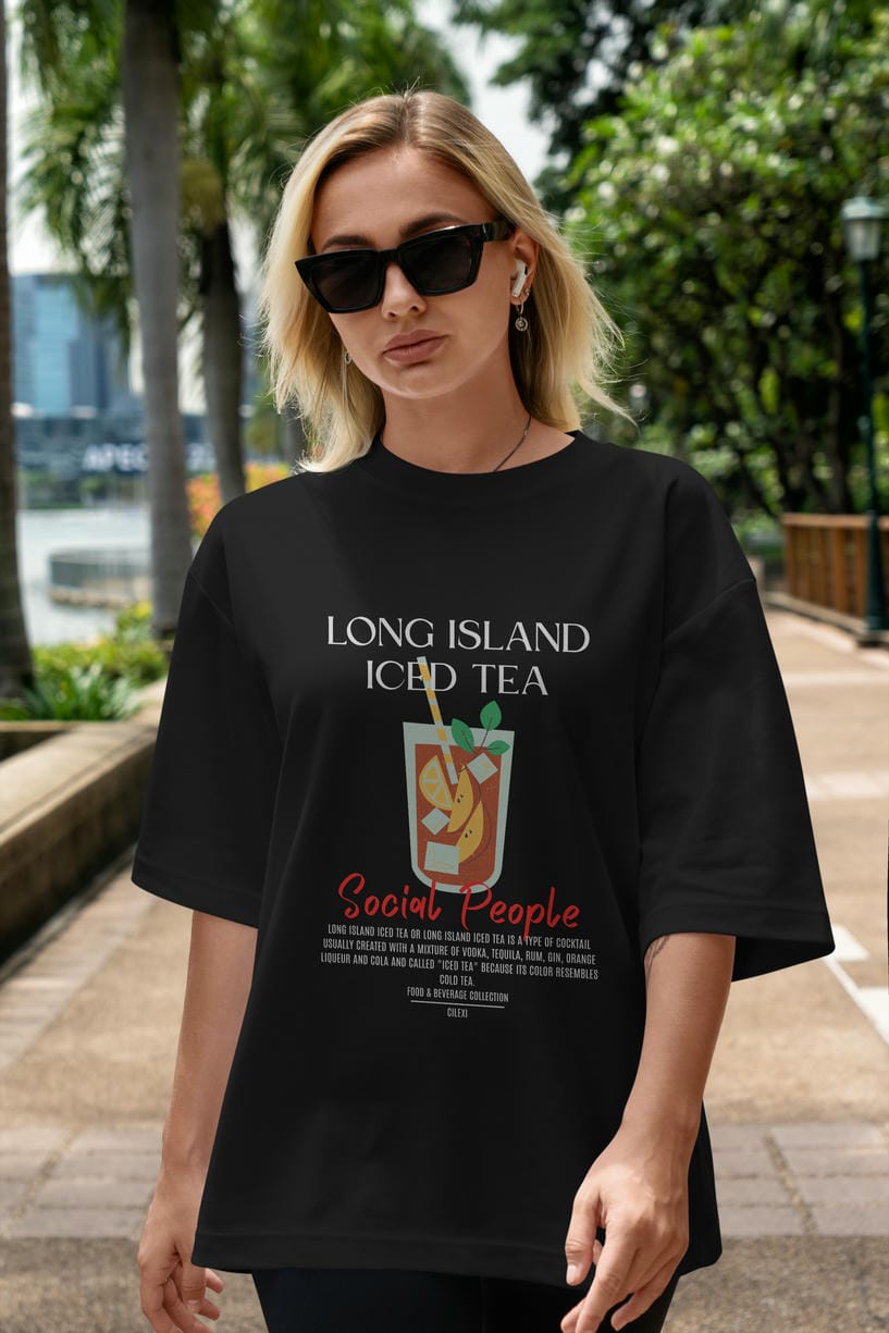 Long Island ıced tea Kokteyl Serisi ön Baskılı Oversize t-shirt Erkek Kadın %100 Pamuk Bisiklet Yaka tişort