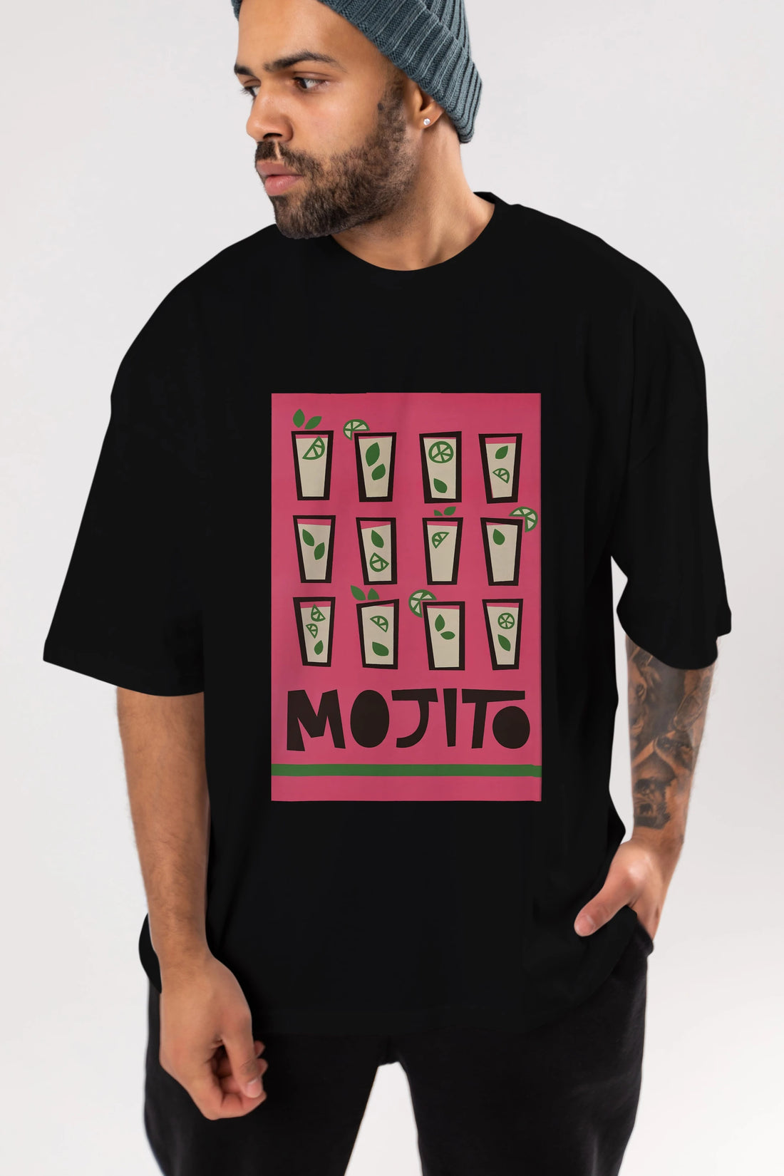 Mojito Ön Baskılı Oversize t-shirt Erkek Kadın Unisex %100 Pamuk Bisiklet Yaka tişort