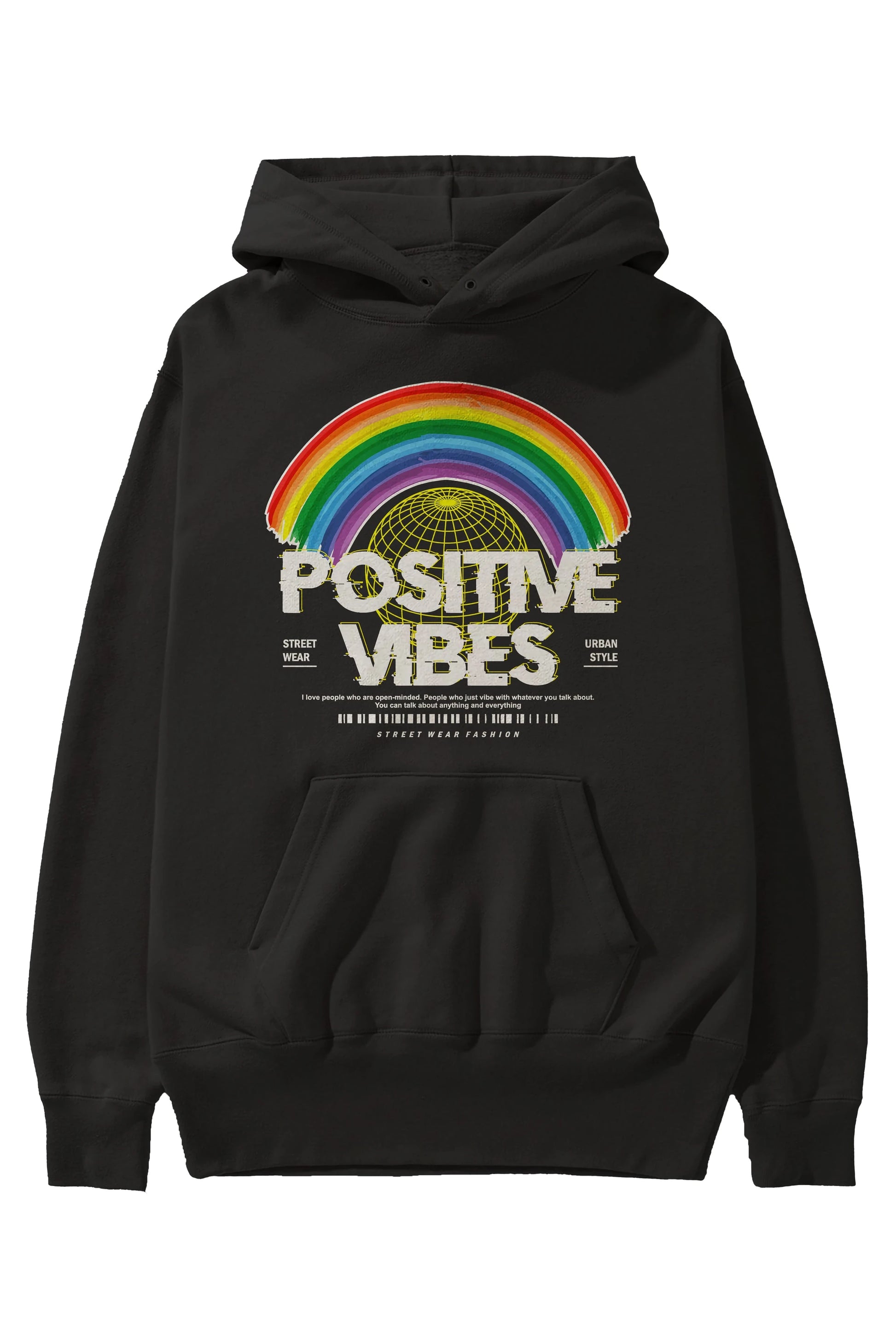 Positive Vibes Ön Baskılı Hoodie Oversize Kapüşonlu Sweatshirt Erkek Kadın Unisex