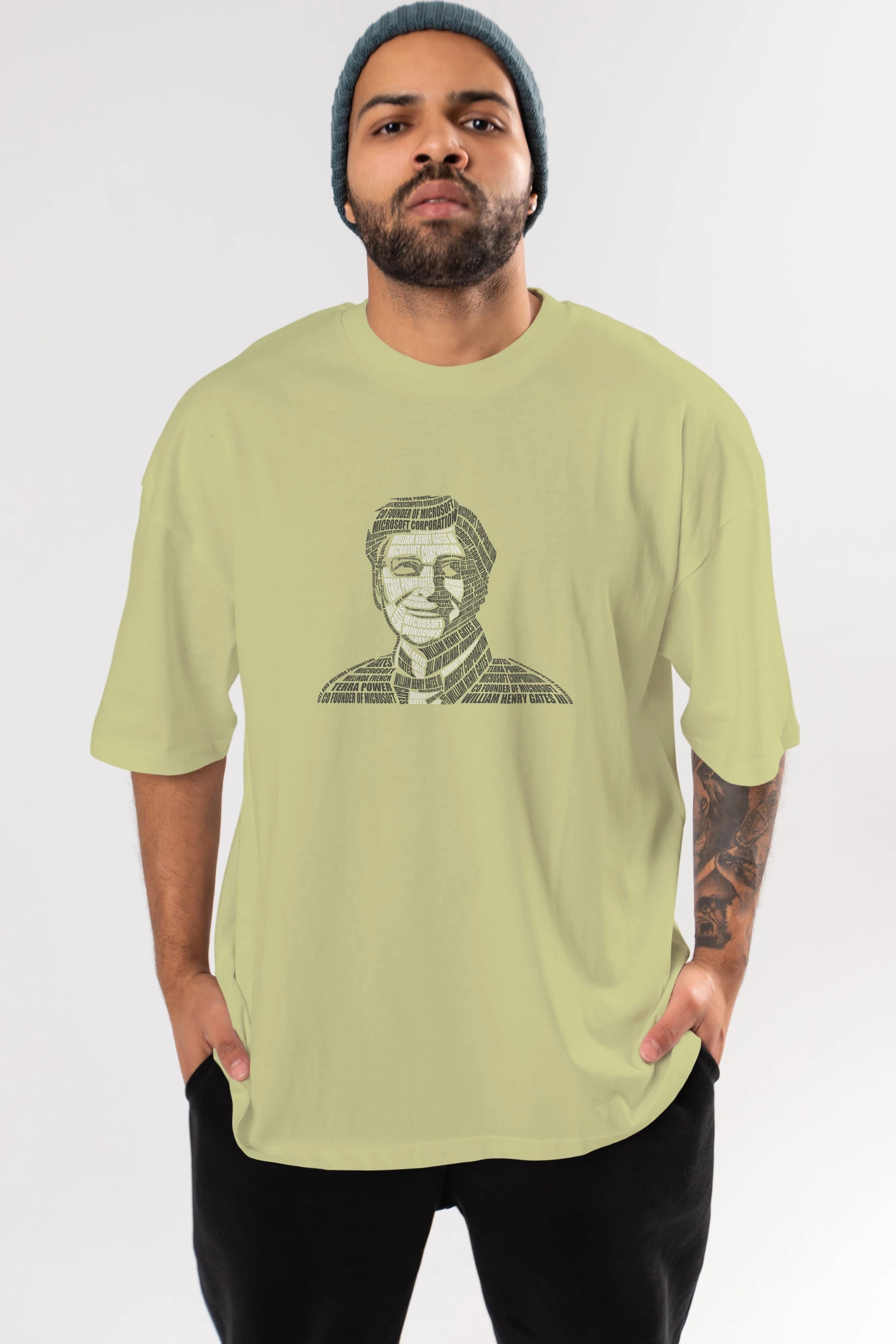 Bill Gates Calligram Ön Baskılı Oversize t-shirt %100 pamuk Erkek Kadın Unisex