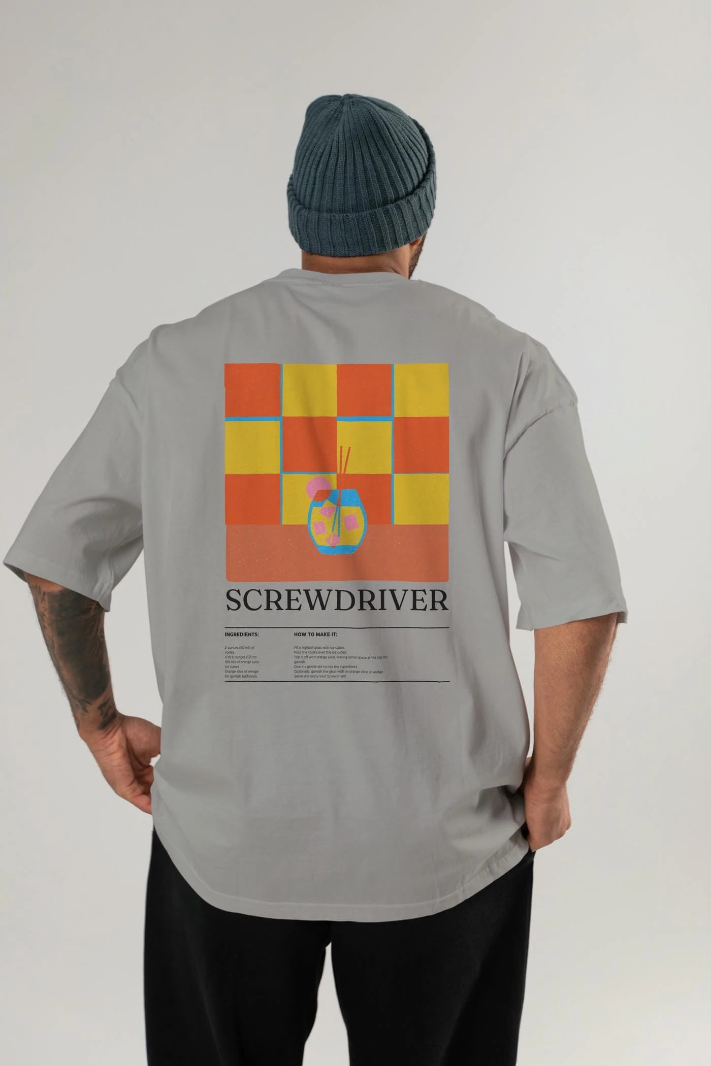 Screwdriver Kokteyl Serisi Arka Baskılı Oversize t-shirt Erkek Kadın %100 Pamuk Bisiklet Yaka tişort