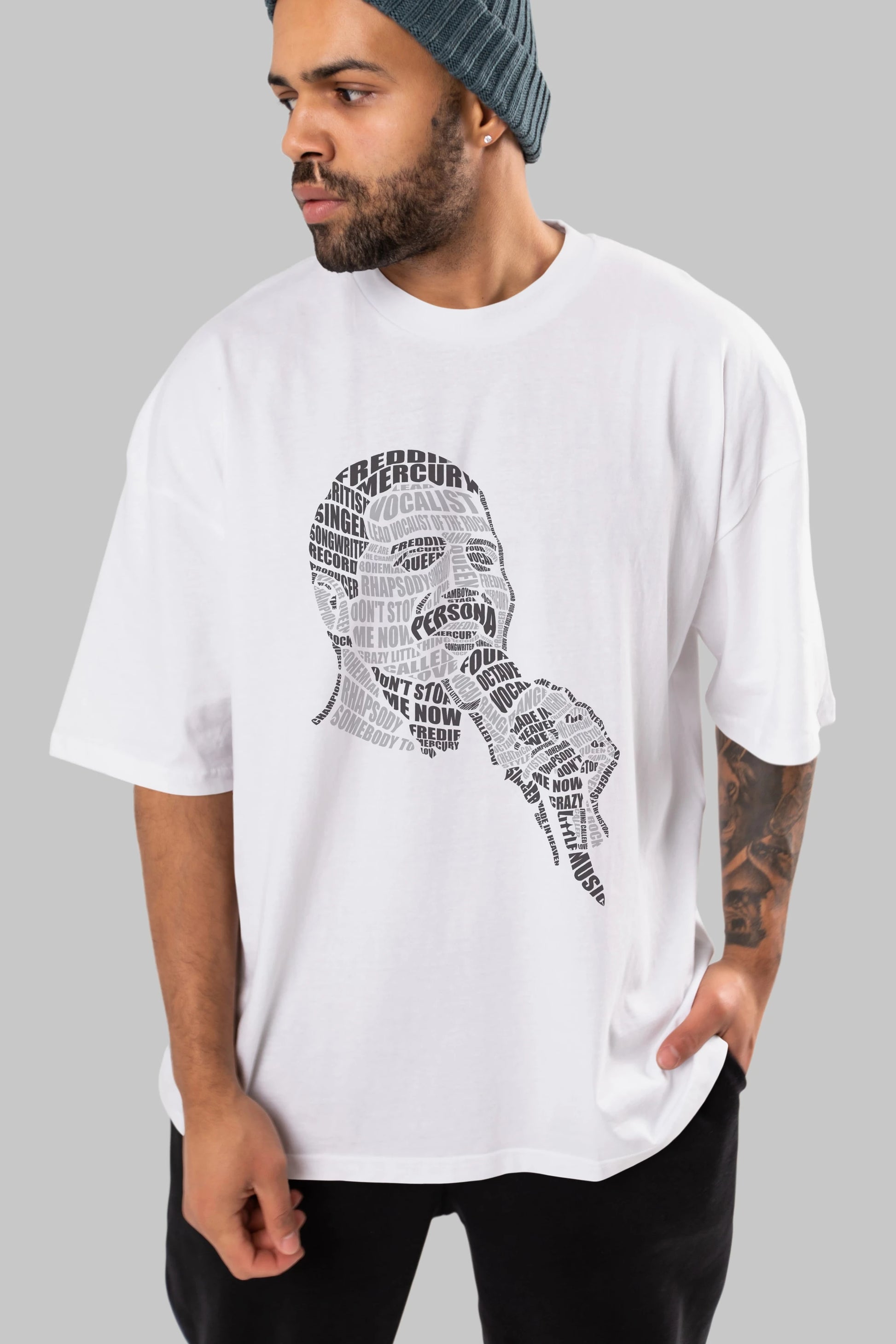 Freddy Mercuri Calligram Ön Baskılı Oversize t-shirt %100 pamuk Erkek Kadın Unisex
