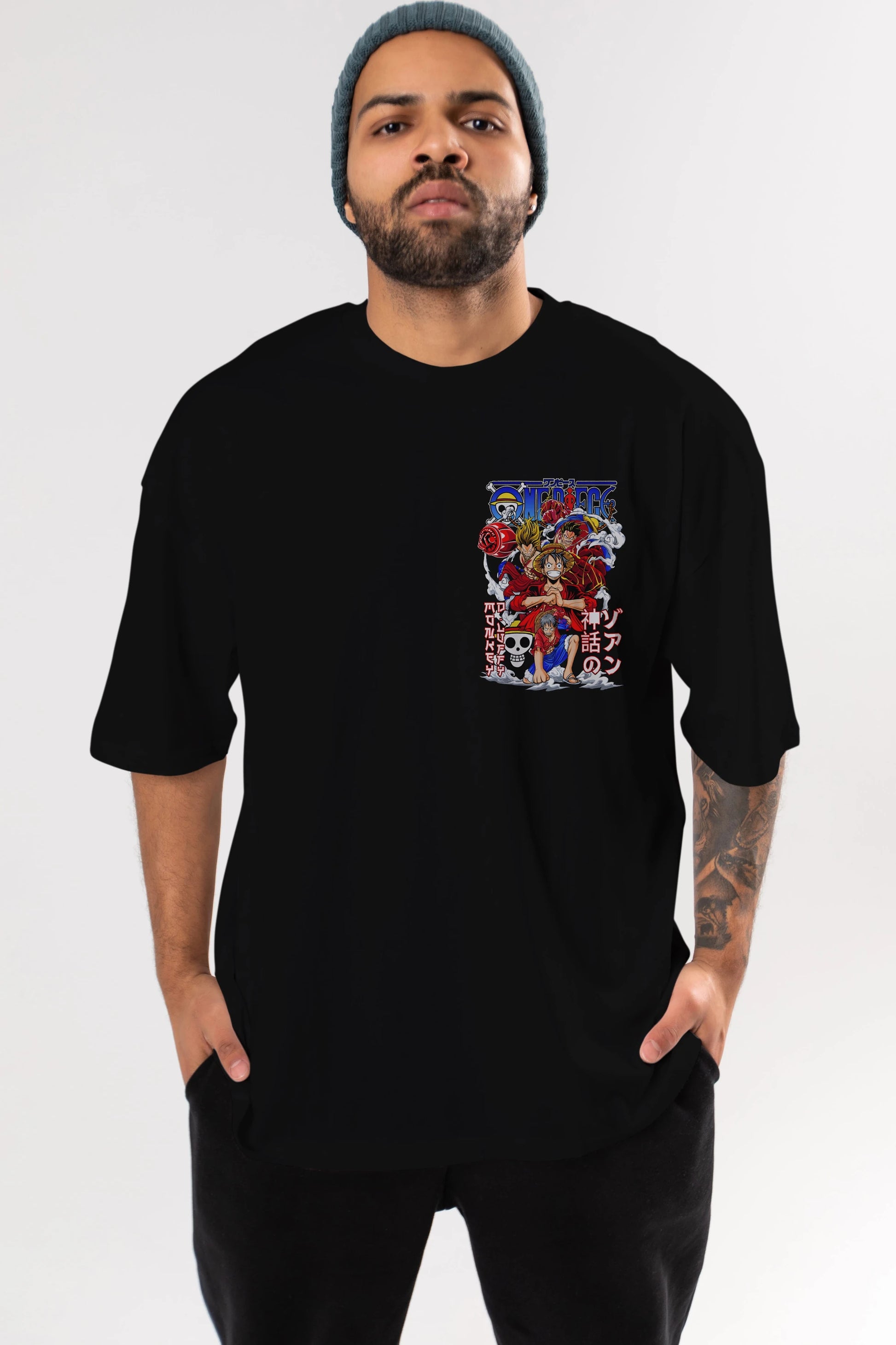 MONKEY D. LUFF-ONE PIECE 2 Ön Sol Baskılı Oversize t-shirt Erkek Kadın Unisex %100 Pamuk Bisiklet Yaka tişort