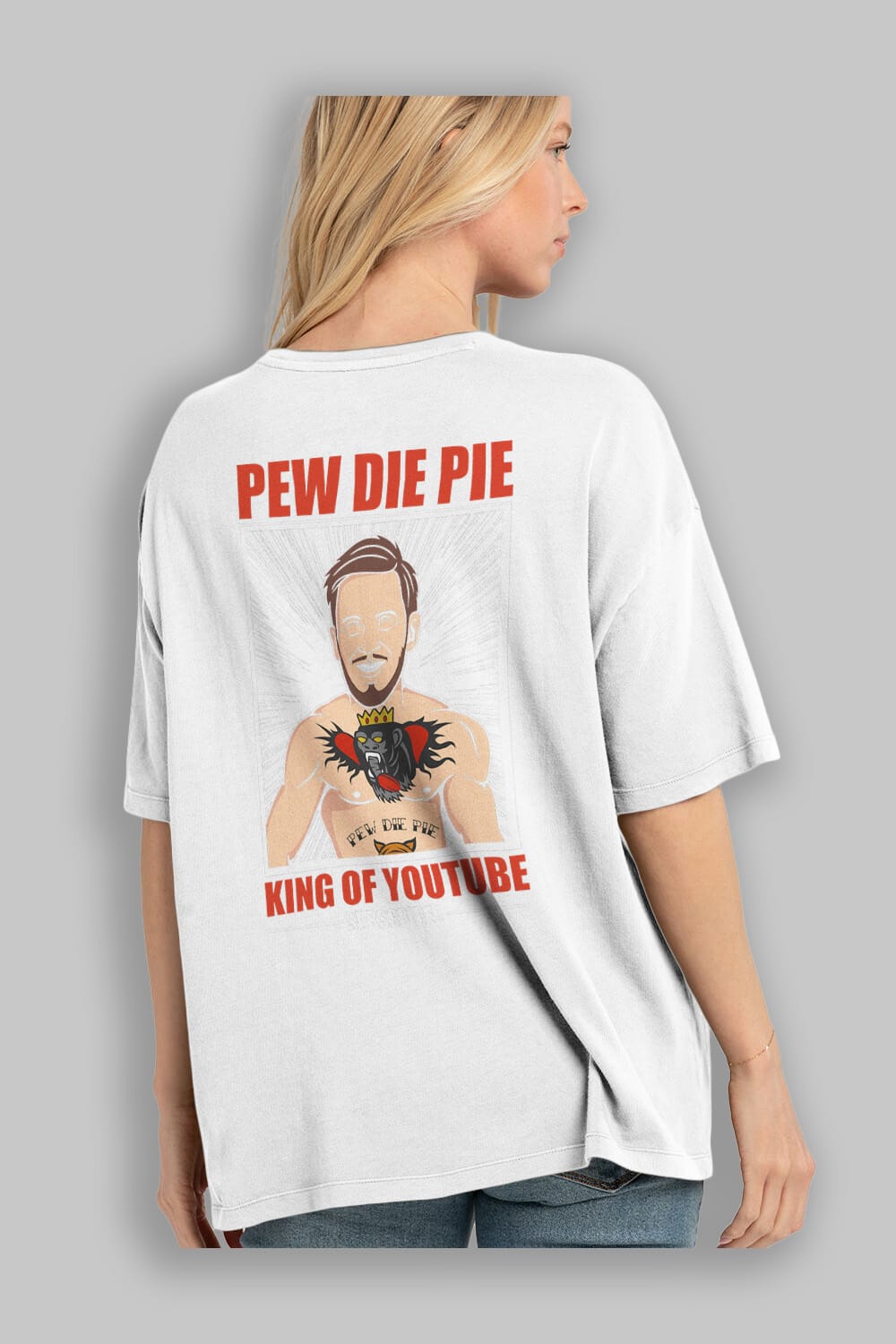 Pew Die Pie Fighter Arka Baskılı Oversize t-shirt Erkek Kadın Unisex %100 Pamuk tişort